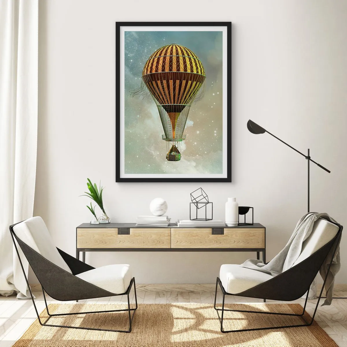 Poster in einem schwarzem Rahmen - Ein goldener Ballon, der im Weltraum schwebt - 50x70cm - Pionierflüge - Moderne Wanddekoration für Wohnzimmer und Schlafzimmer ARTTOR