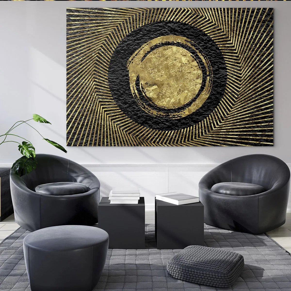 Glasbild - Bild auf glas - Goldener Kreis mit Strahlen auf schwarzem Hintergrund im glamourösen Stil - 70x50cm - Glamour-Komposition - Moderne Wanddekoration für Wohnzimmer und Schlafzimmer ARTTOR