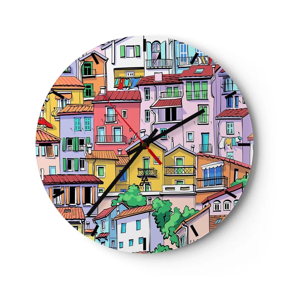 Wanduhr - Glasuhr - Bunte Mietshäuser im illustrativen Stil - 30x30cm - Lustige Stadt - Moderne Wanddekoration für Wohnzimmer, Küche und Schlafzimmer ARTTOR