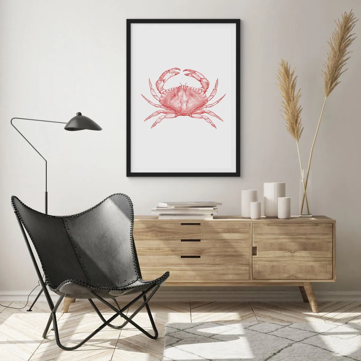 Poster in einem schwarzem Rahmen - Vintage Krabbenzeichnung auf hellem Hintergrund - 50x70cm - Krabbe aller Krabben - Moderne Wanddekoration für Wohnzimmer und Schlafzimmer ARTTOR