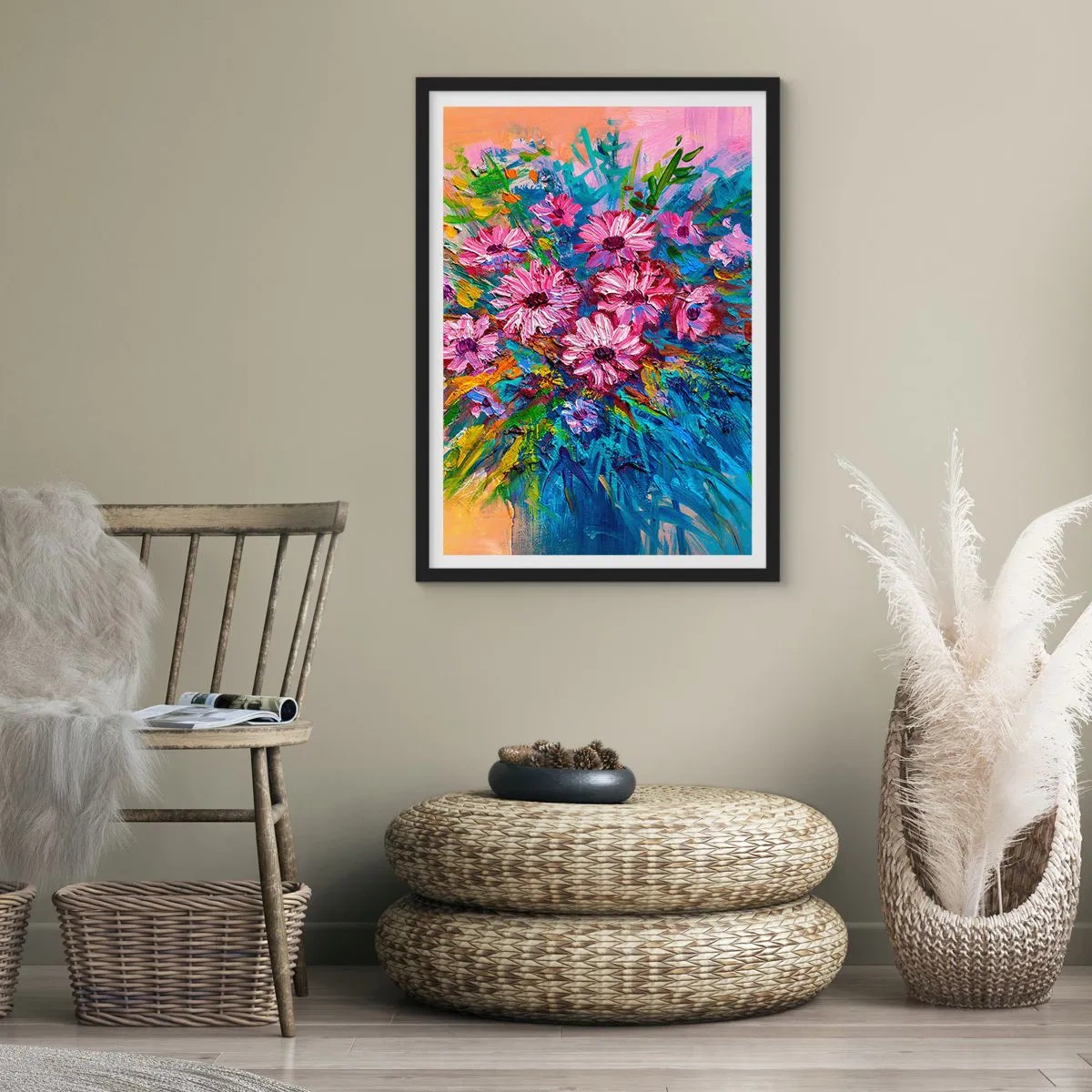 Poster in einem schwarzem Rahmen - Ein Strauß intensiv gefärbter Blumen auf abstraktem Hintergrund - 50x70cm - Lebensenergie - Moderne Wanddekoration für Wohnzimmer und Schlafzimmer ARTTOR