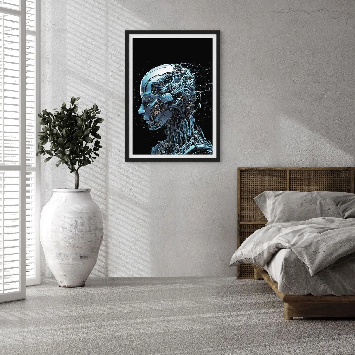 Poster in einem schwarzem Rahmen - Kybernetische Figur im futuristischen Stil - 50x70cm - Technologie ist eine Frau - Moderne Wanddekoration für Wohnzimmer und Schlafzimmer ARTTOR