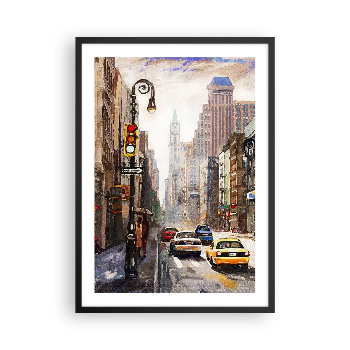 Poster in einem schwarzem Rahmen - Stadtstraße mit Autos und Ampeln - 50x70cm - New York - auch im Regen bunt - Moderne Wanddekoration für Wohnzimmer und Schlafzimmer ARTTOR