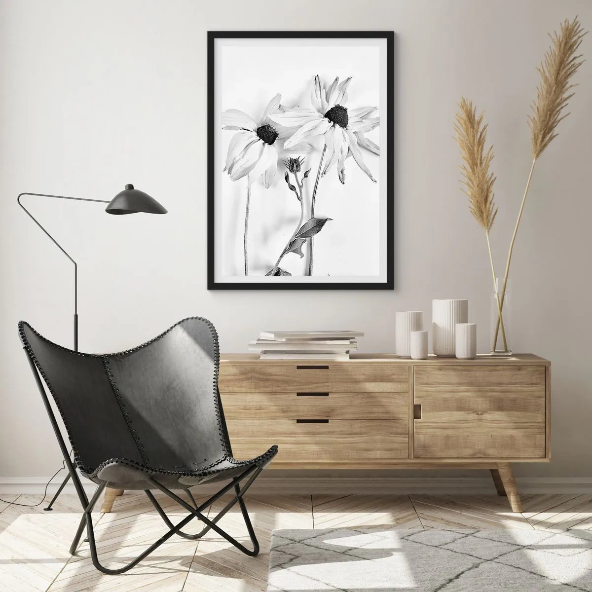 Poster in einem schwarzem Rahmen - Schwarz-weiße Blumen im minimalistischen Stil auf hellem Hintergrund - 50x70cm - Niemand will allein sein - Moderne Wanddekoration für Wohnzimmer und Schlafzimmer ARTTOR