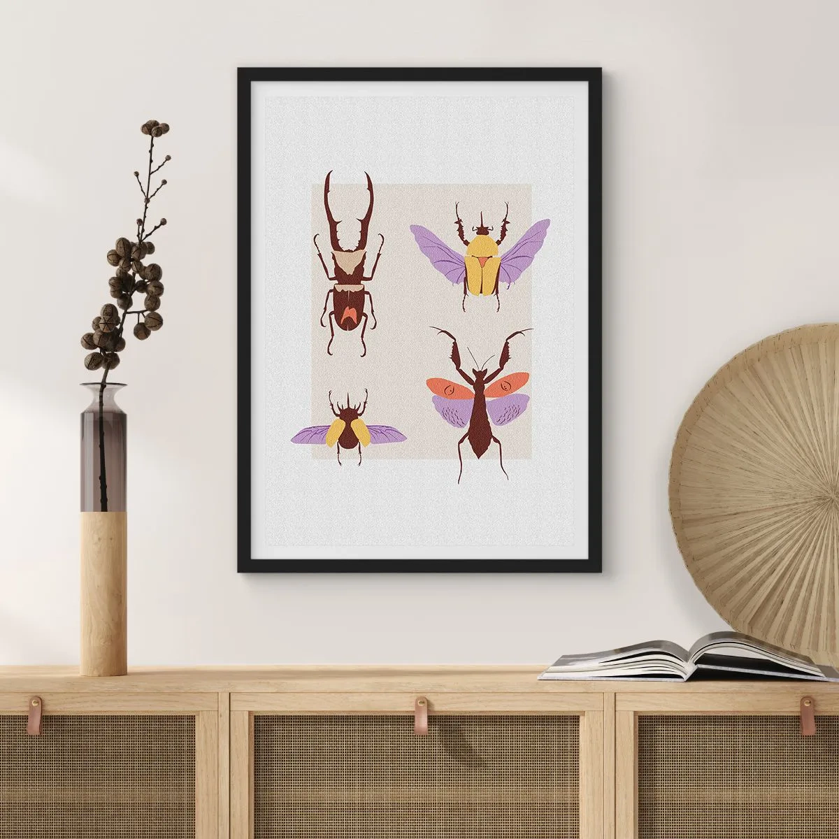 Poster in einem schwarzem Rahmen - Bunte Käfer auf hellem Hintergrund - 50x70cm - Insektenwelt - Moderne Wanddekoration für Wohnzimmer und Schlafzimmer ARTTOR