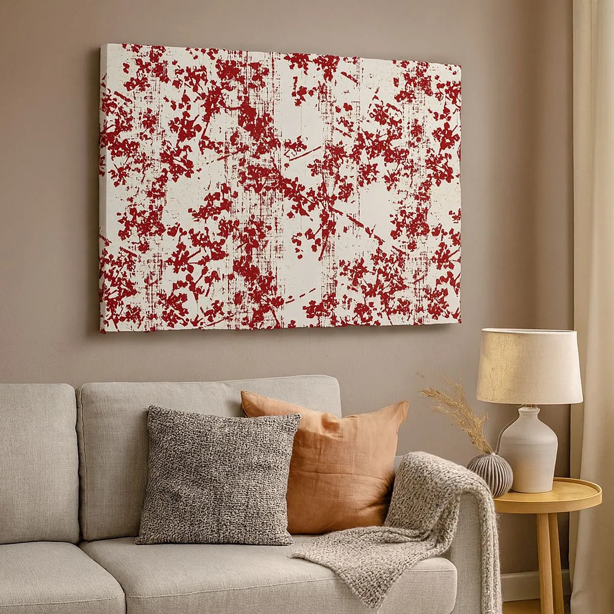 Bild auf Leinwand - Leinwandbild - Rote Blumen auf weißem Hintergrund im künstlerischen Stil - 70x50cm - Wie alter Perkal - Moderne Wanddekoration für Wohnzimmer und Schlafzimmer ARTTOR
