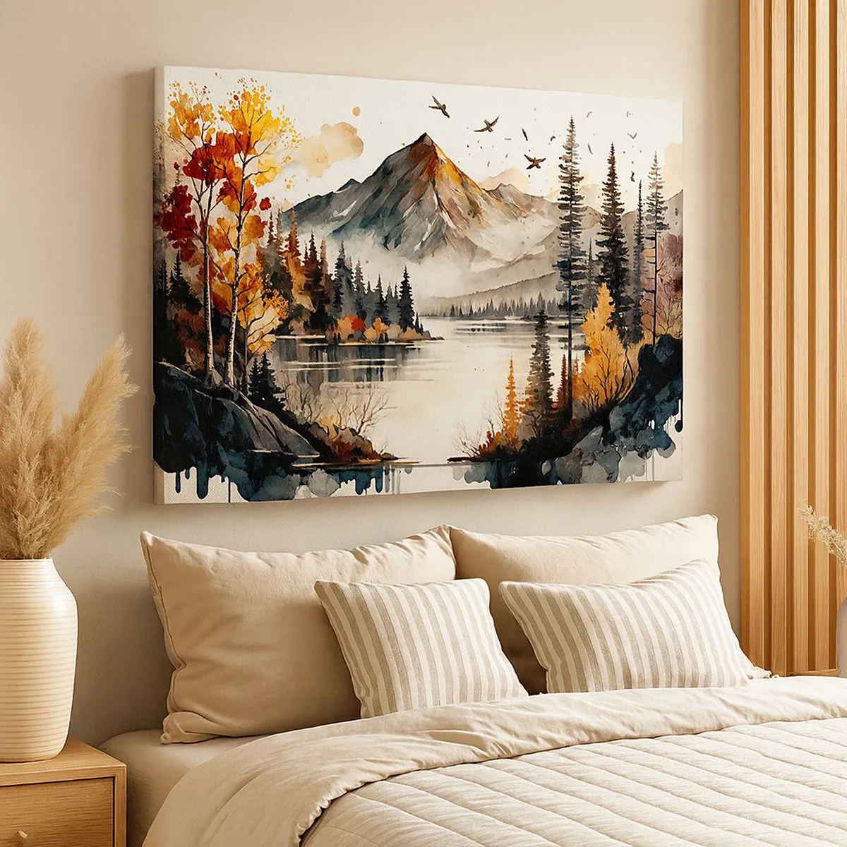 Bild auf Leinwand - Leinwandbild - Herbstliche Berglandschaft mit See und Bäumen in Aquarell - 70x50cm - Goldener Herbst in den Bergen - Moderne Wanddekoration für Wohnzimmer und Schlafzimmer ARTTOR
