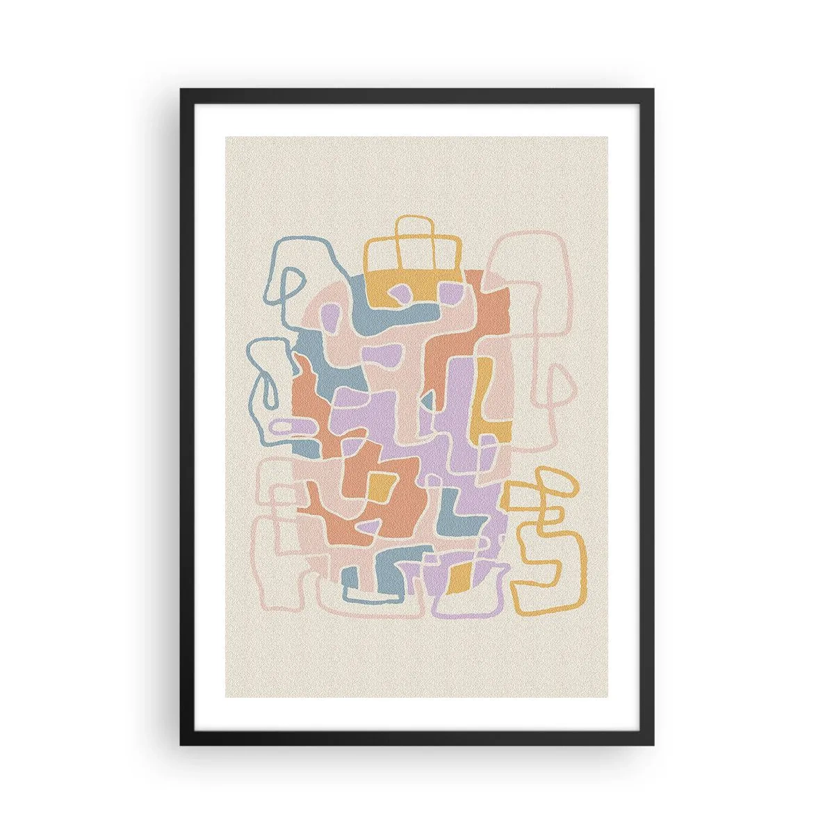 Poster in einem schwarzem Rahmen - Bunte Abstraktion mit unregelmäßigen Linien auf hellem Hintergrund - 50x70cm - Labyrinth – ein freudiges Abenteuer - Moderne Wanddekoration für Wohnzimmer und Schlafzimmer ARTTOR