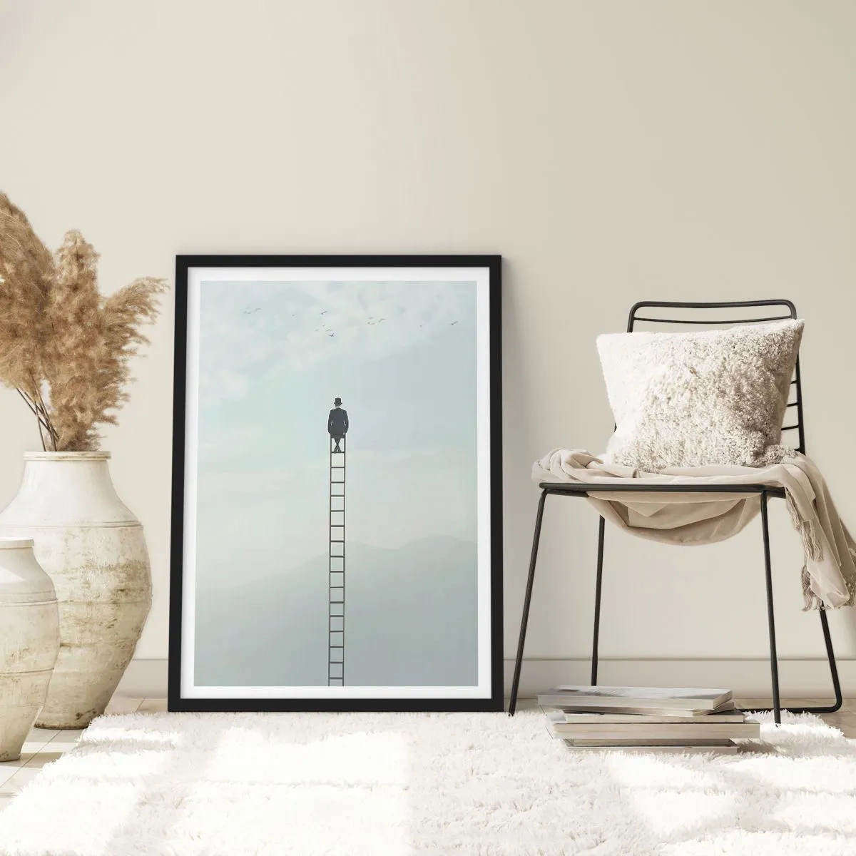 Poster in einem schwarzem Rahmen - Mann auf einer Leiter, der in den Himmel schaut - 50x70cm - Erhebe dich darüber! - Moderne Wanddekoration für Wohnzimmer und Schlafzimmer ARTTOR