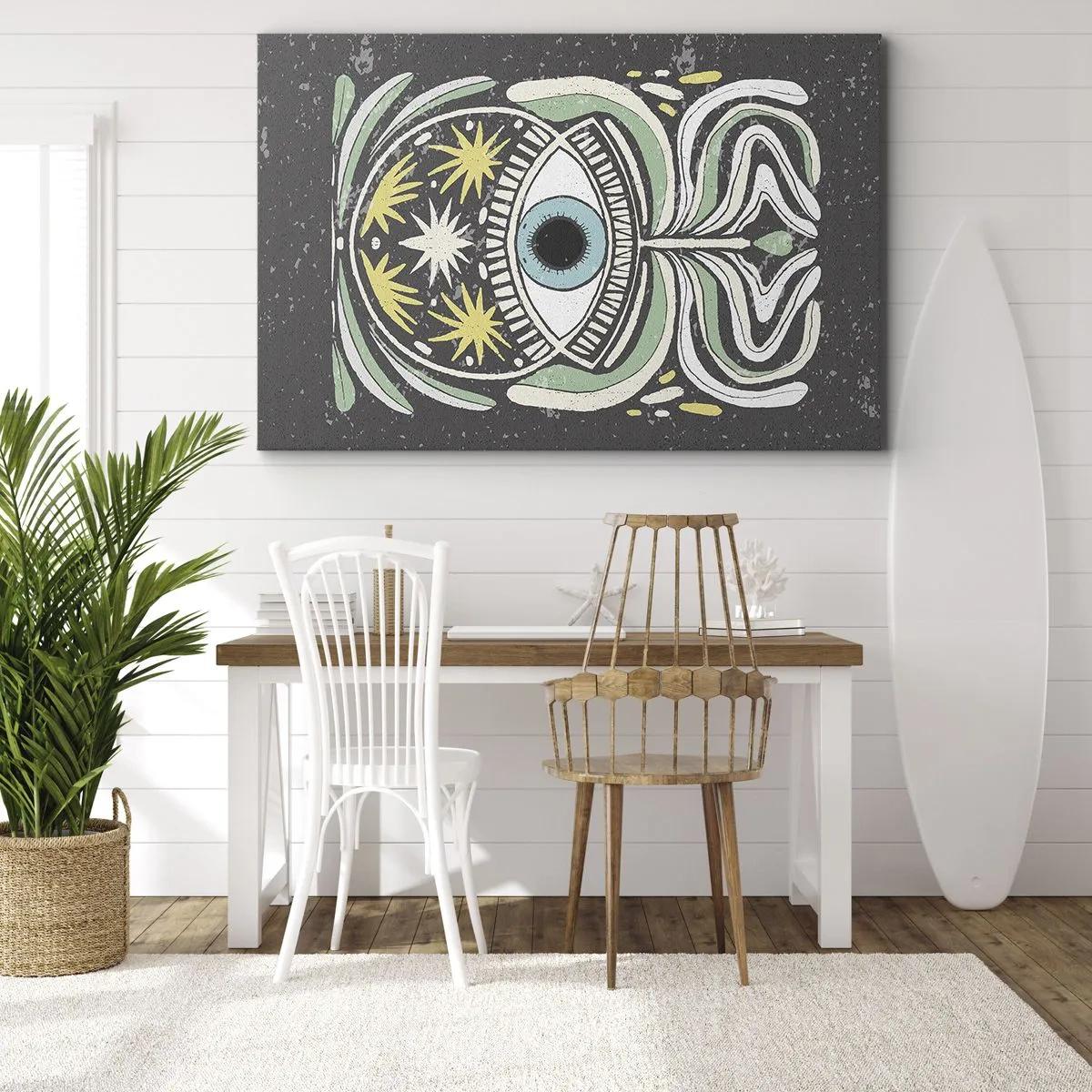 Bild auf Leinwand - Leinwandbild - Ein symbolisches Auge, umgeben von abstrakten Mustern - 70x50cm - Stammesrituale - Moderne Wanddekoration für Wohnzimmer und Schlafzimmer ARTTOR