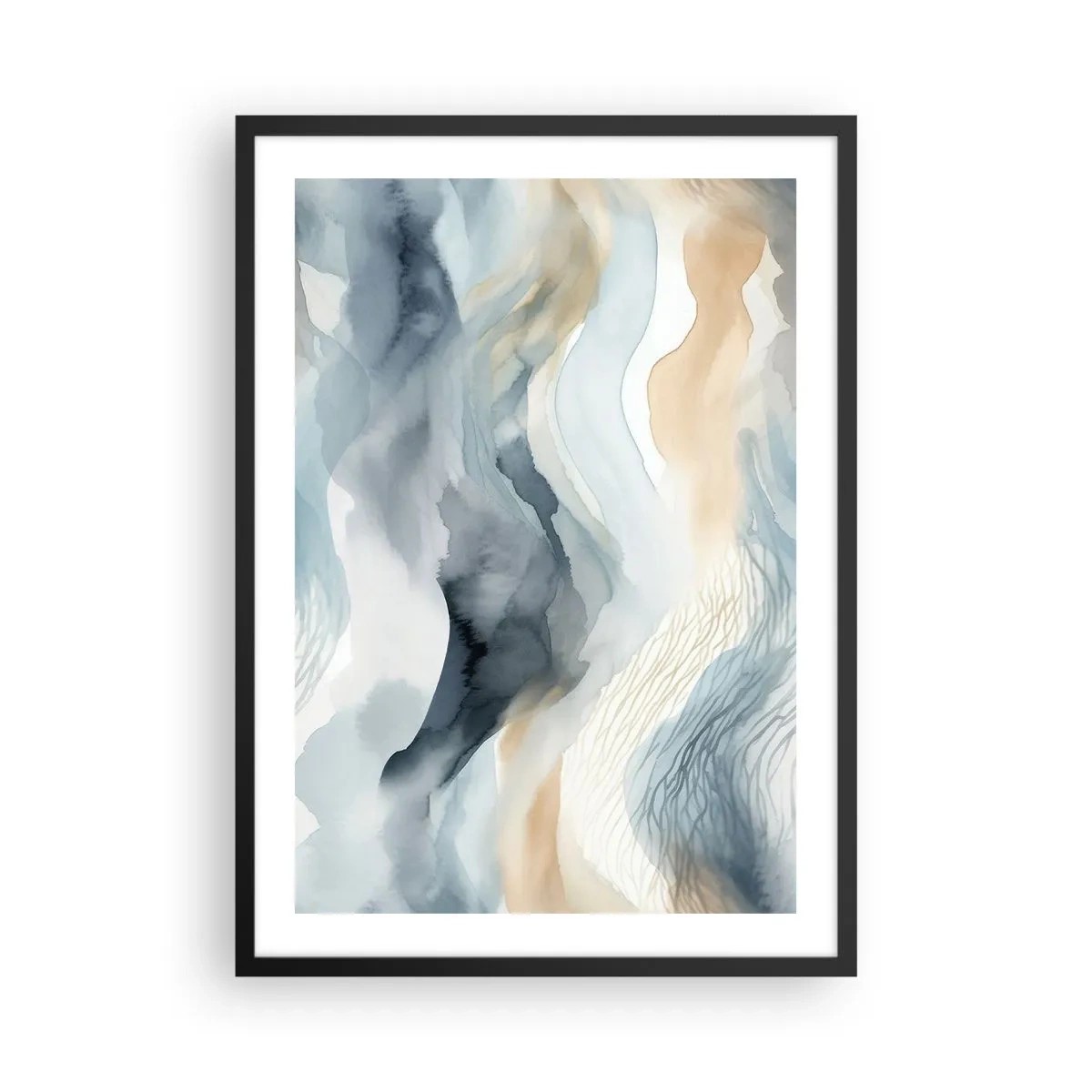 Poster in einem schwarzem Rahmen - Abstrakte Wellen in Beige- und Marineblautönen - 50x70cm - Verschneite und neblige Abstraktion - Moderne Wanddekoration für Wohnzimmer und Schlafzimmer ARTTOR