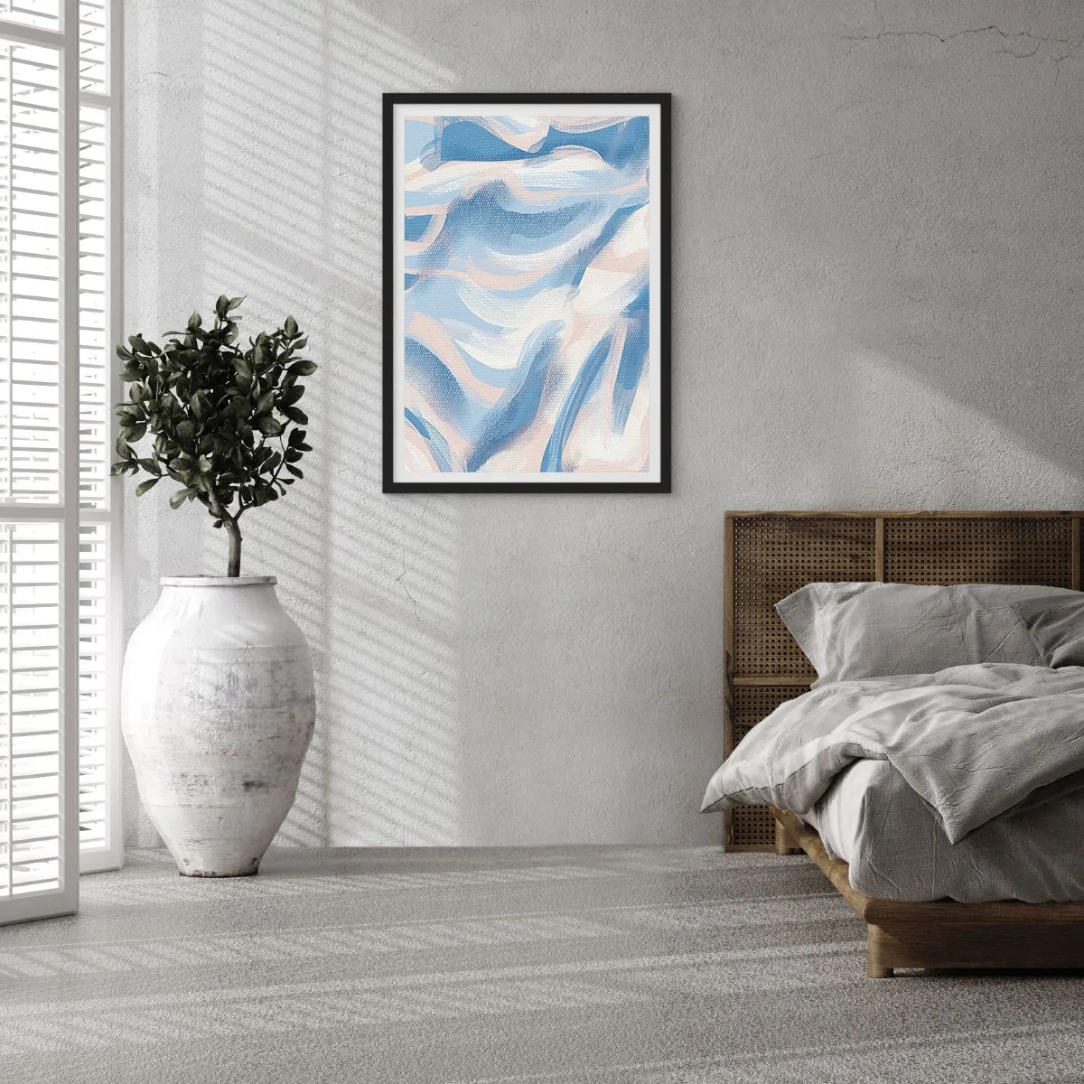 Poster in einem schwarzem Rahmen - Abstrakte Welle in Blau- und Beigetönen - 50x70cm - Blaue Wellen - Moderne Wanddekoration für Wohnzimmer und Schlafzimmer ARTTOR