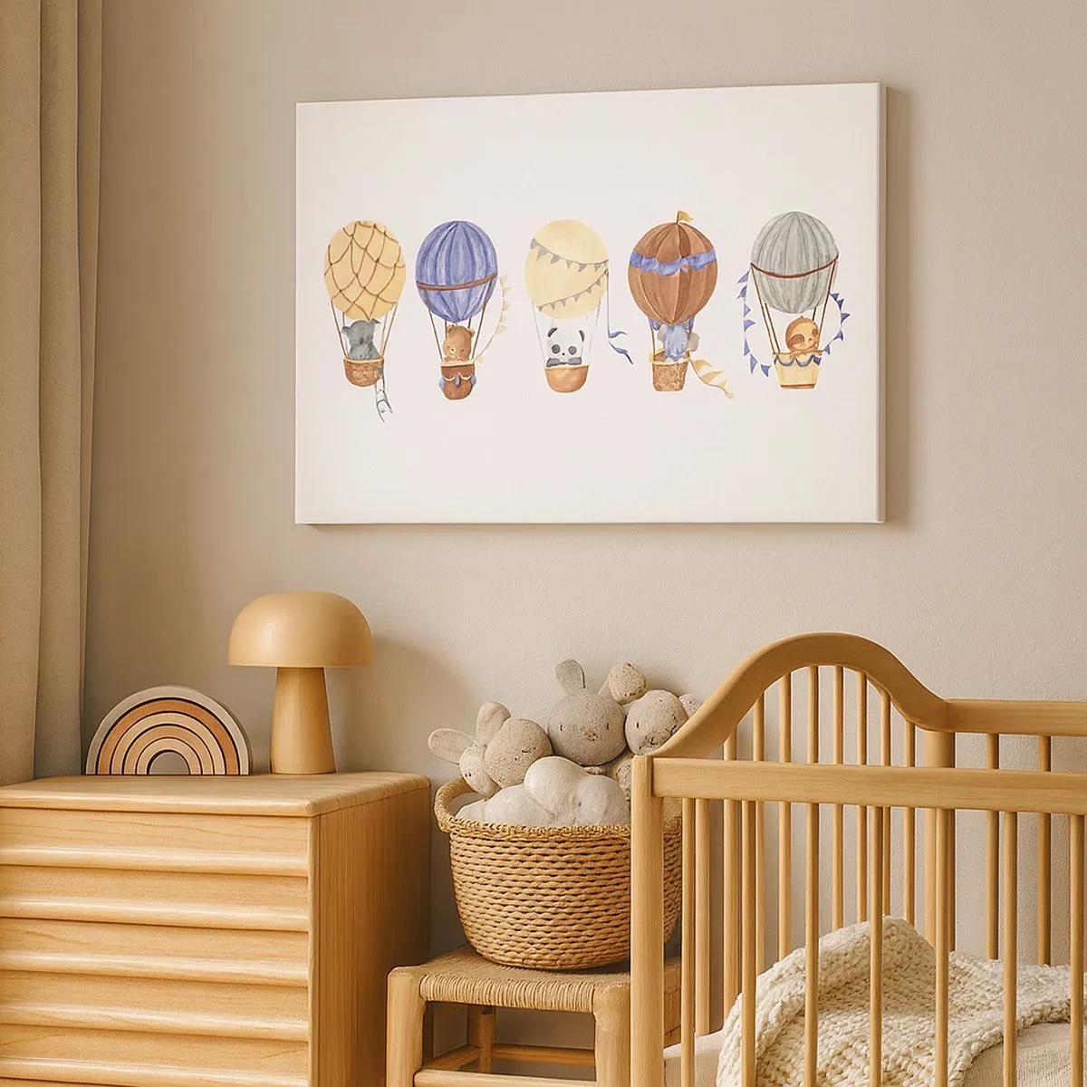 Bild auf Leinwand - Leinwandbild - Niedliche Tiere in Luftballons auf weißem Hintergrund - 70x50cm - Freunde auf Reise - Moderne Wanddekoration für Wohnzimmer und Schlafzimmer ARTTOR