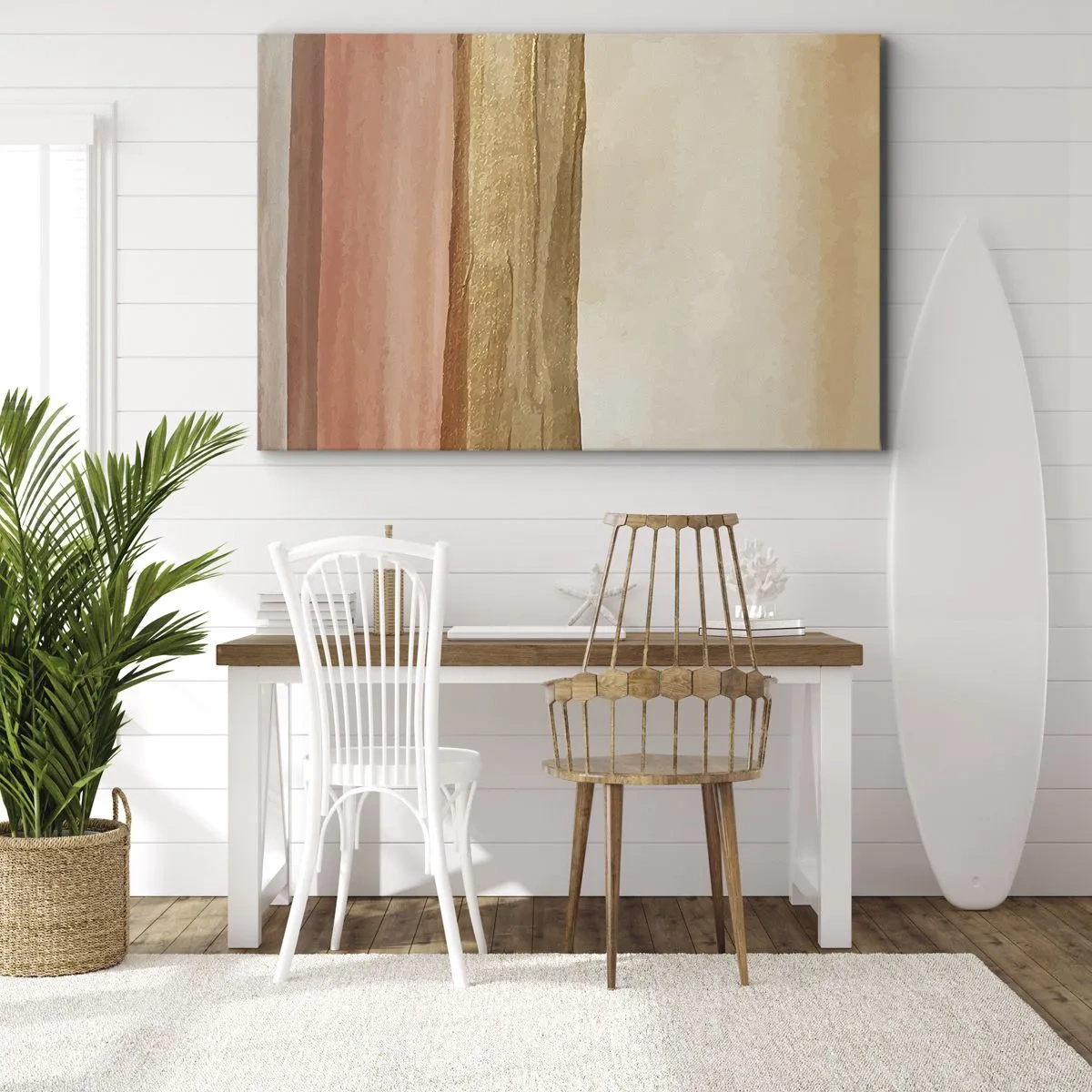 Bild auf Leinwand - Leinwandbild - Abstrakte Streifen in Beige-, Gold- und Rosatönen auf Leinwand - 70x50cm - Vertikale Komposition - Moderne Wanddekoration für Wohnzimmer und Schlafzimmer ARTTOR