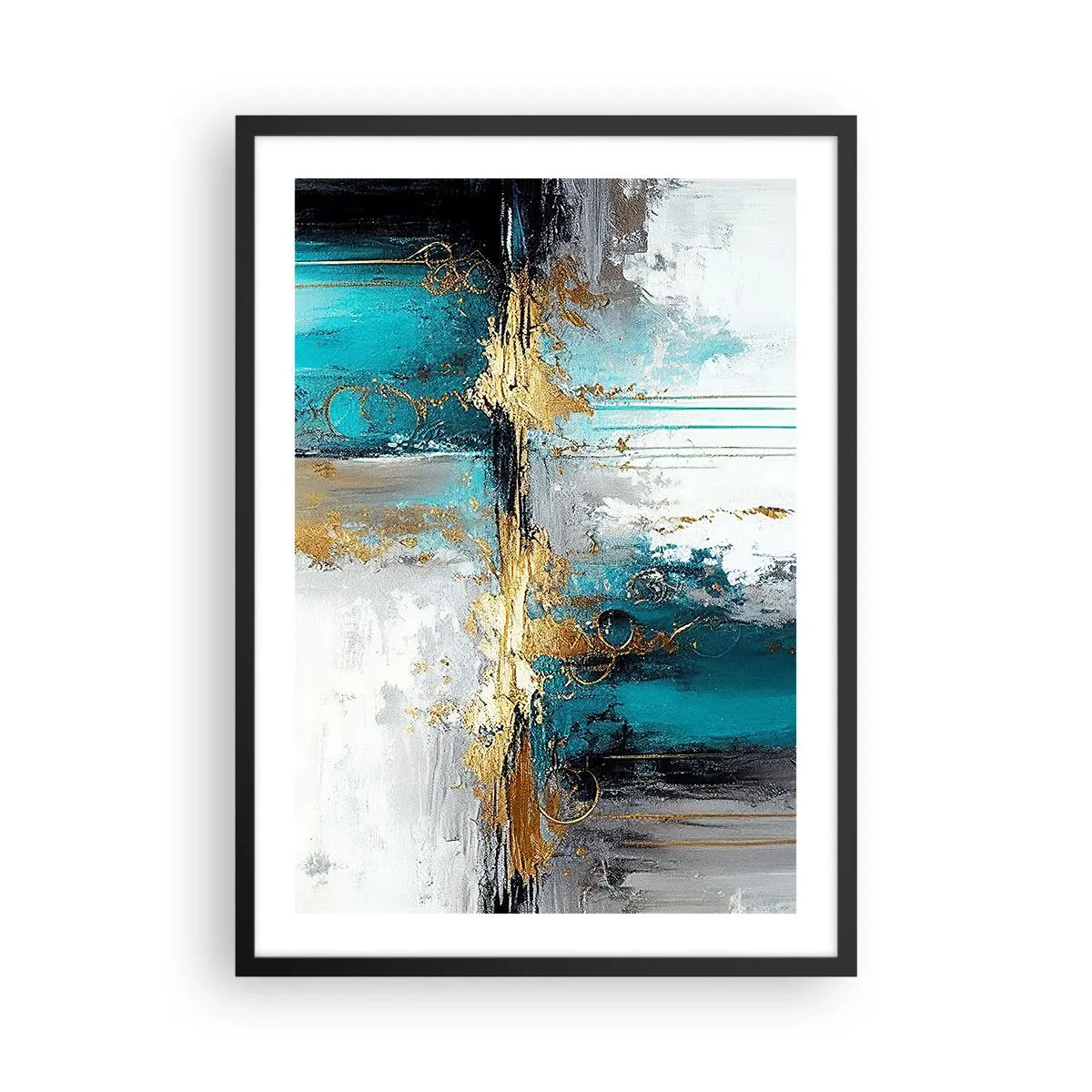 Poster in einem schwarzem Rahmen - Eine abstrakte Komposition in Türkis- und Goldtönen. - 50x70cm - Alles fließt - Moderne Wanddekoration für Wohnzimmer und Schlafzimmer ARTTOR