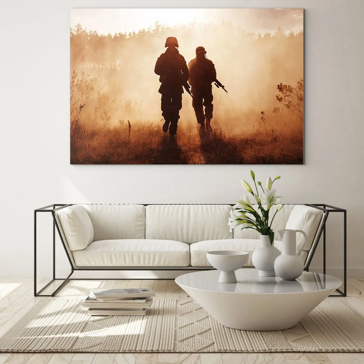 Glasbild - Bild auf glas - Zwei Soldaten im Einsatz vor der Kulisse der untergehenden Sonne - 70x50cm - Ruf der Pflicht - Moderne Wanddekoration für Wohnzimmer und Schlafzimmer ARTTOR