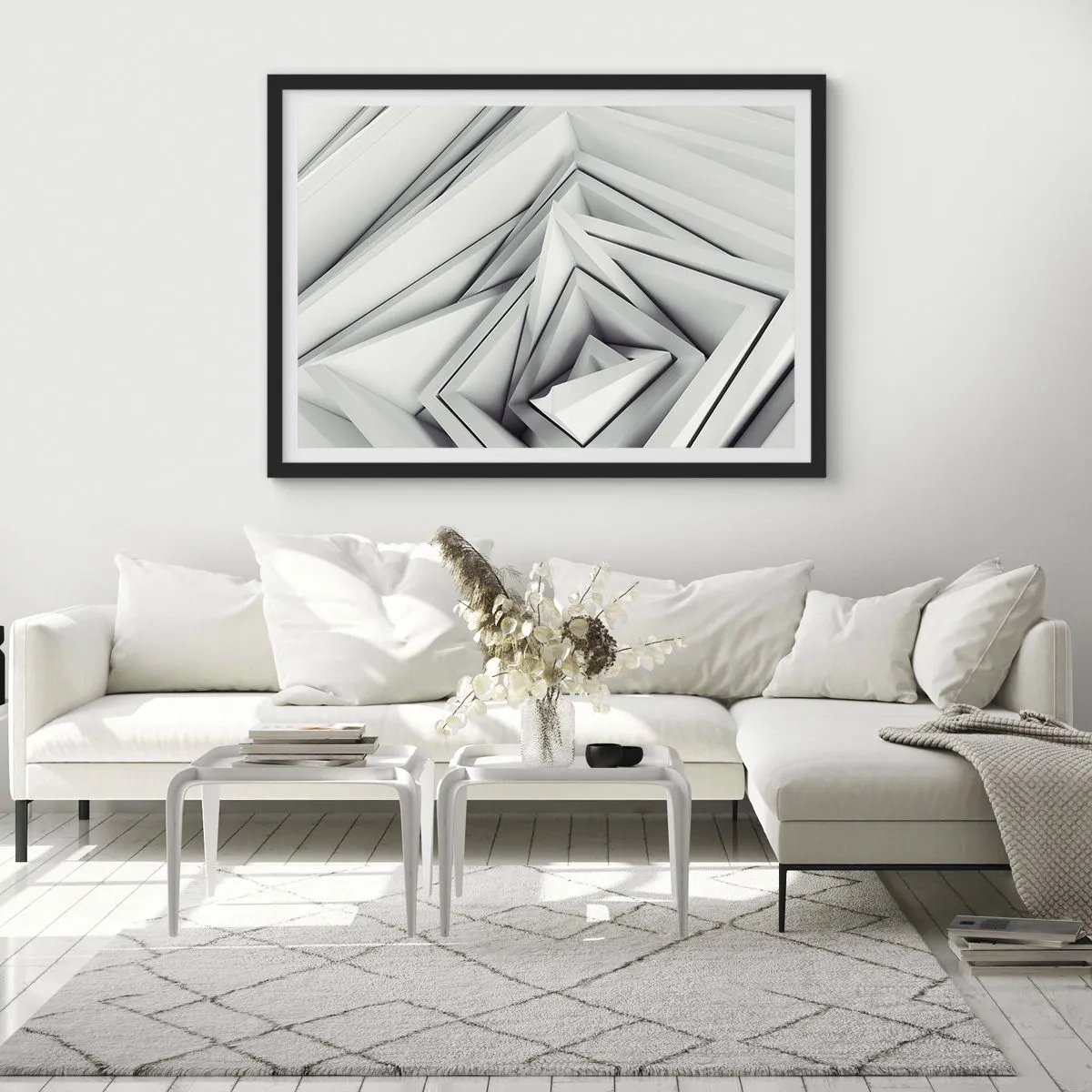 Poster in einem schwarzem Rahmen - Eine abstrakte Komposition aus geometrischen Formen in Grautönen. - 70x50cm - Spitzwinklige Knospen - Moderne Wanddekoration für Wohnzimmer und Schlafzimmer ARTTOR