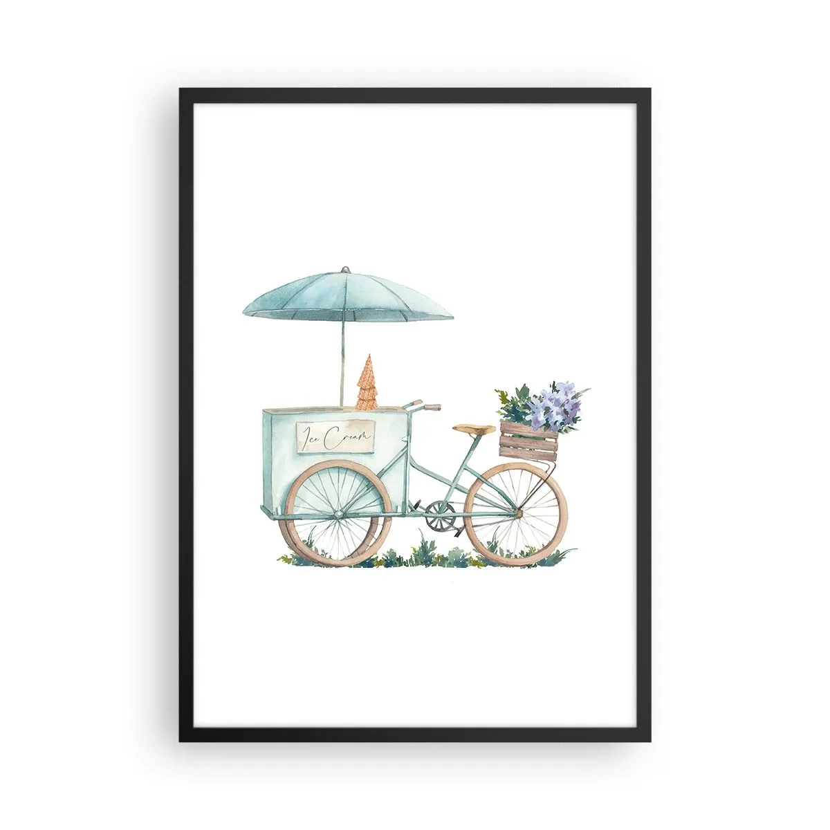 Poster in einem schwarzem Rahmen - Aquarell-Illustration eines Fahrrads mit Eis und Blumen - 50x70cm - Süße Erinnerung an den Sommer - Moderne Wanddekoration für Wohnzimmer und Schlafzimmer ARTTOR
