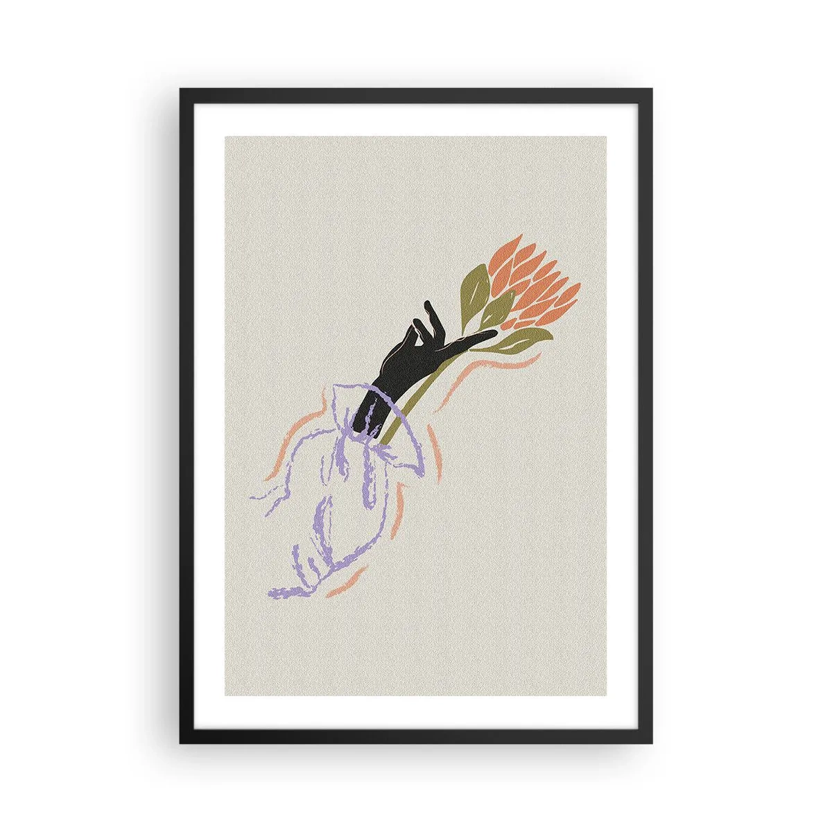 Poster in einem schwarzem Rahmen - Abstrakte Zeichnung einer Hand, die einen Blumenstrauß hält - 50x70cm - Schwesterliche Berührung - Moderne Wanddekoration für Wohnzimmer und Schlafzimmer ARTTOR