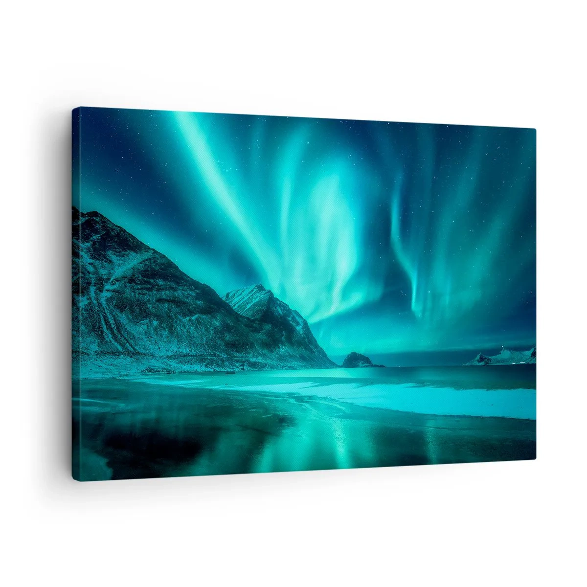 Bild auf Leinwand - Leinwandbild - Aurora Borealis über einer bergigen Winterlandschaft - 70x50cm - Wunder des Nordens - Moderne Wanddekoration für Wohnzimmer und Schlafzimmer ARTTOR