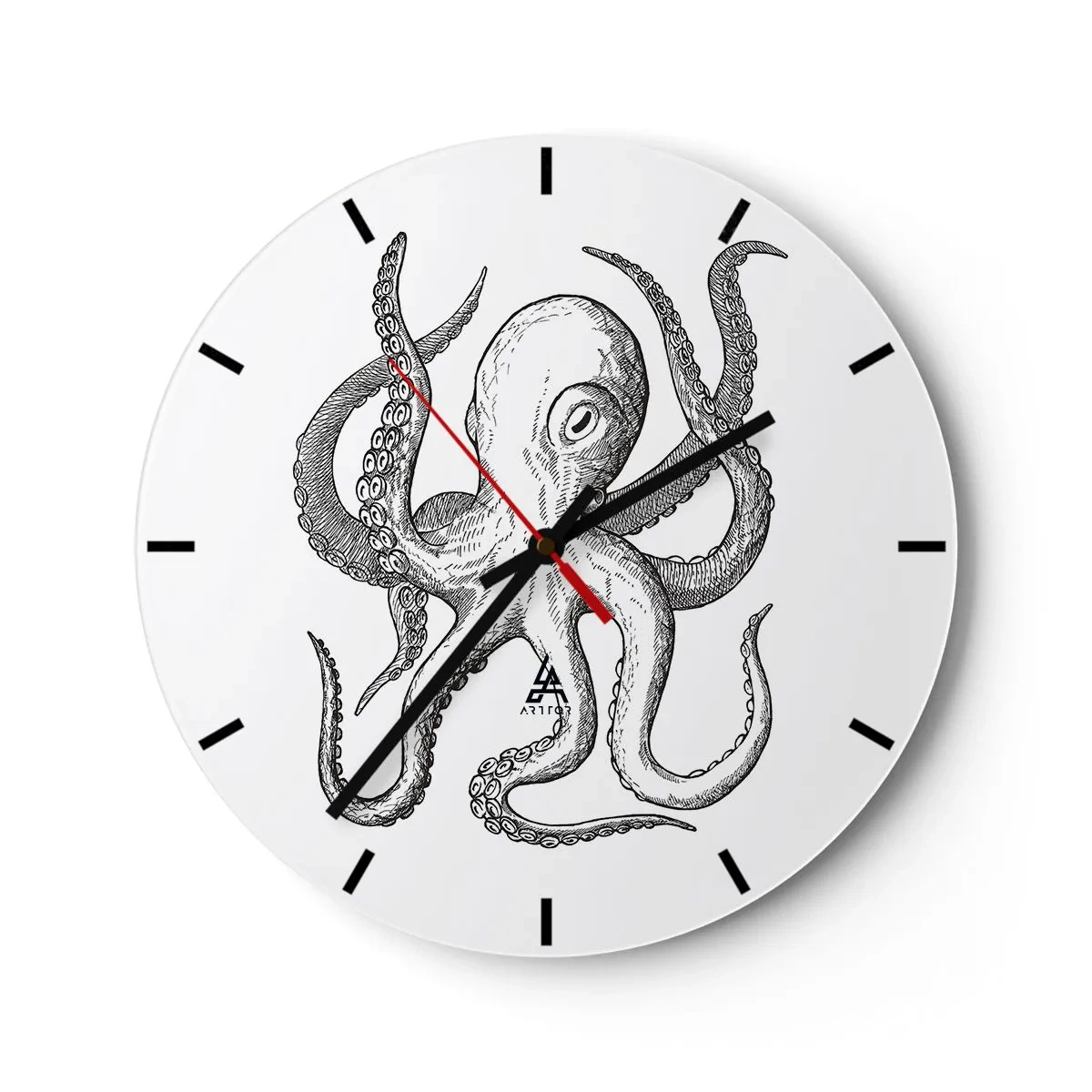 Wanduhr - Glasuhr - Oktopus-Illustration im Vintage-Stil auf weißem Hintergrund - 30x30cm - Mit den Wellen tanzen - Moderne Wanddekoration für Wohnzimmer, Küche und Schlafzimmer ARTTOR