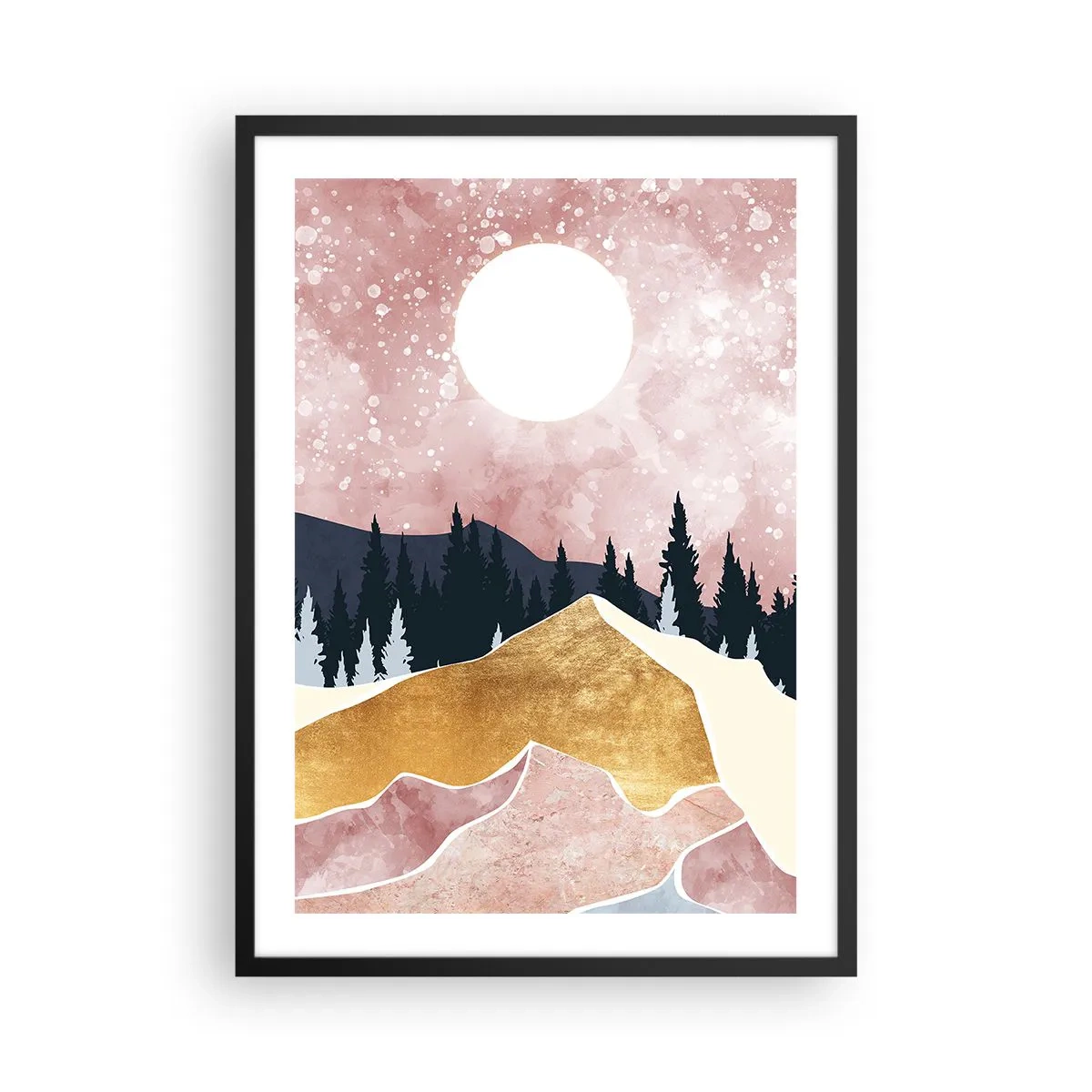 Poster in einem schwarzem Rahmen - Abstrakte Landschaft mit Wald, Bergen und goldenen Akzenten - 50x70cm - Nachtwache - Moderne Wanddekoration für Wohnzimmer und Schlafzimmer ARTTOR