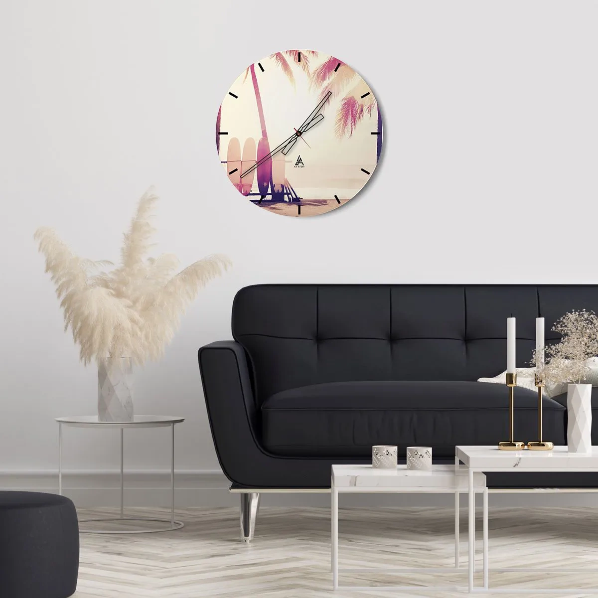 Wanduhr - Glasuhr - Surfbretter und Palmen am Strand im Morgengrauen - 30x30cm - Es wird ein toller Tag - Moderne Wanddekoration für Wohnzimmer, Küche und Schlafzimmer ARTTOR