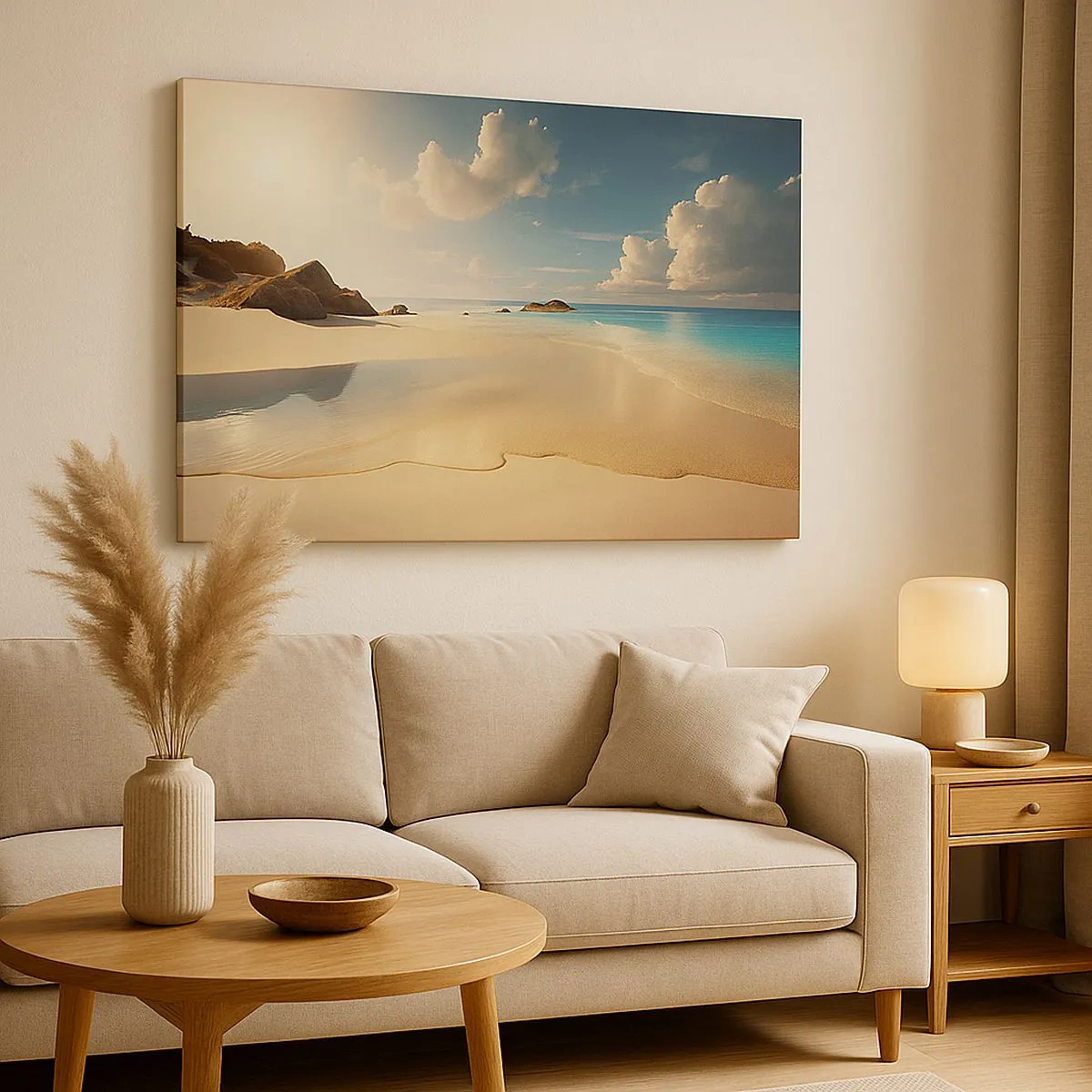 Bild auf Leinwand - Leinwandbild - Ein sonniger Strand mit blauem Meer und Felsen - 70x50cm - Erträumter Tag - Moderne Wanddekoration für Wohnzimmer und Schlafzimmer ARTTOR