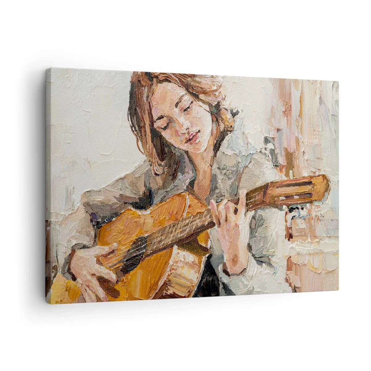 Bild auf Leinwand - Leinwandbild - Porträt eines Gitarre spielenden Mädchens in malerischem Stil mit warmen Farben. - 70x50cm - Konzert für Gitarre und Mädchenherz - Moderne Wanddekoration für Wohnzimmer und Schlafzimmer ARTTOR