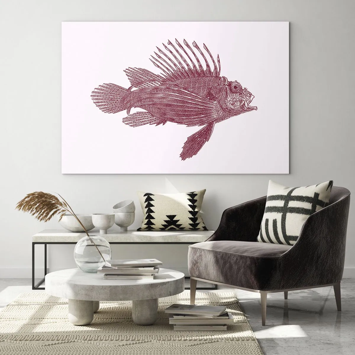 Glasbild - Bild auf glas - Skizze eines exotischen Fisches in Burgunderfarbe auf hellem Hintergrund - 70x50cm - Bewohner exotischer Gewässer - Moderne Wanddekoration für Wohnzimmer und Schlafzimmer ARTTOR