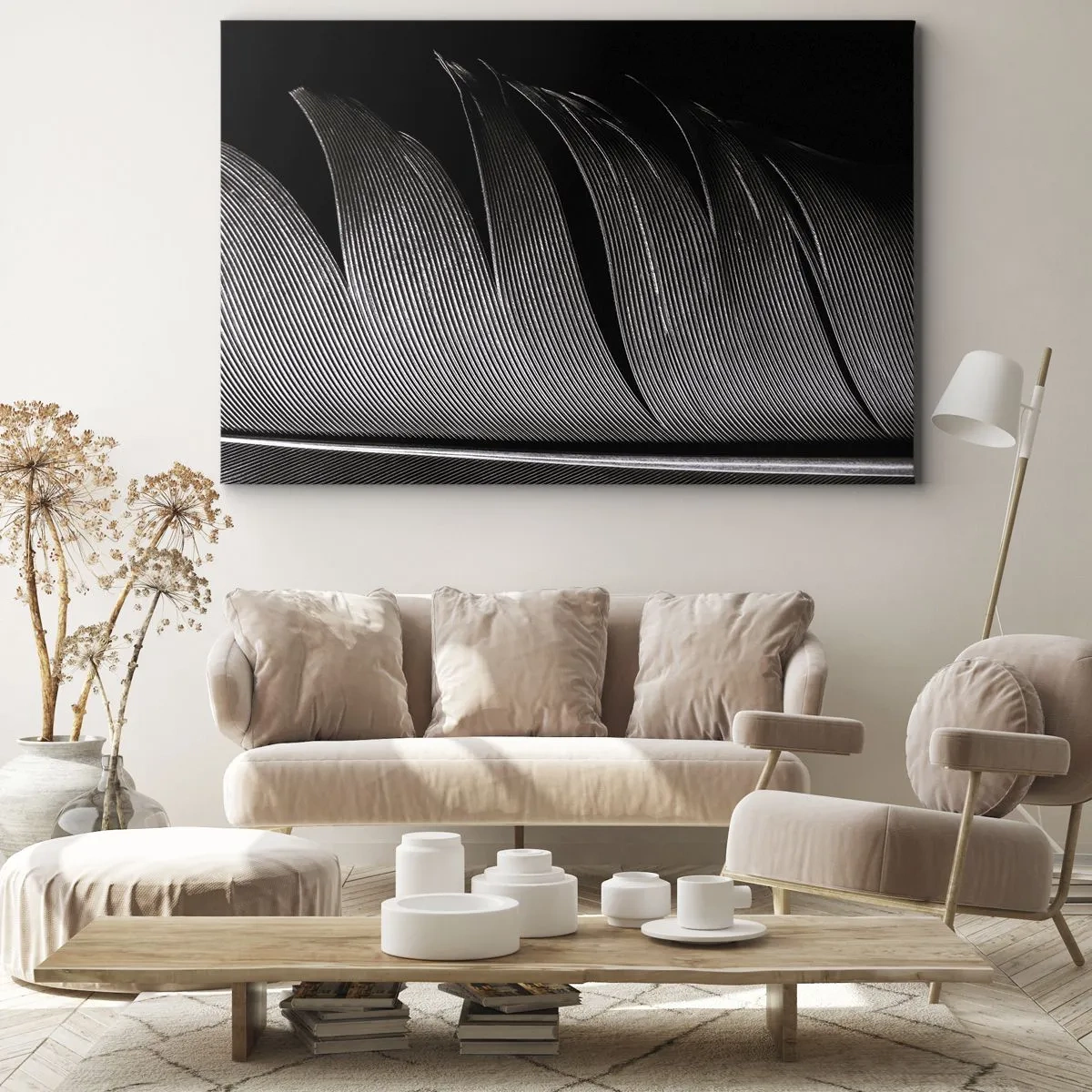 Bild auf Leinwand - Leinwandbild - Schwarz-weiße Federstruktur im minimalistischen Stil - 70x50cm - Stift – ein wunderbares Design - Moderne Wanddekoration für Wohnzimmer und Schlafzimmer ARTTOR