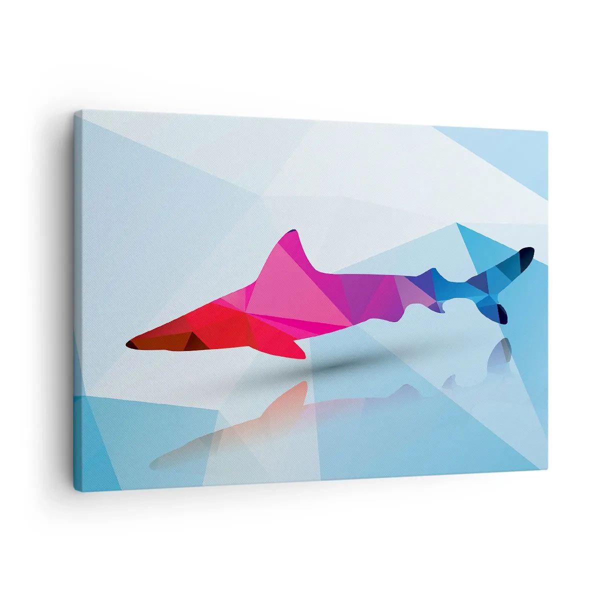 Bild auf Leinwand - Leinwandbild - Geometrische Hai-Silhouette in Rosa- und Blautönen - 70x50cm - Ein Hai in einem Kristallraum - Moderne Wanddekoration für Wohnzimmer und Schlafzimmer ARTTOR