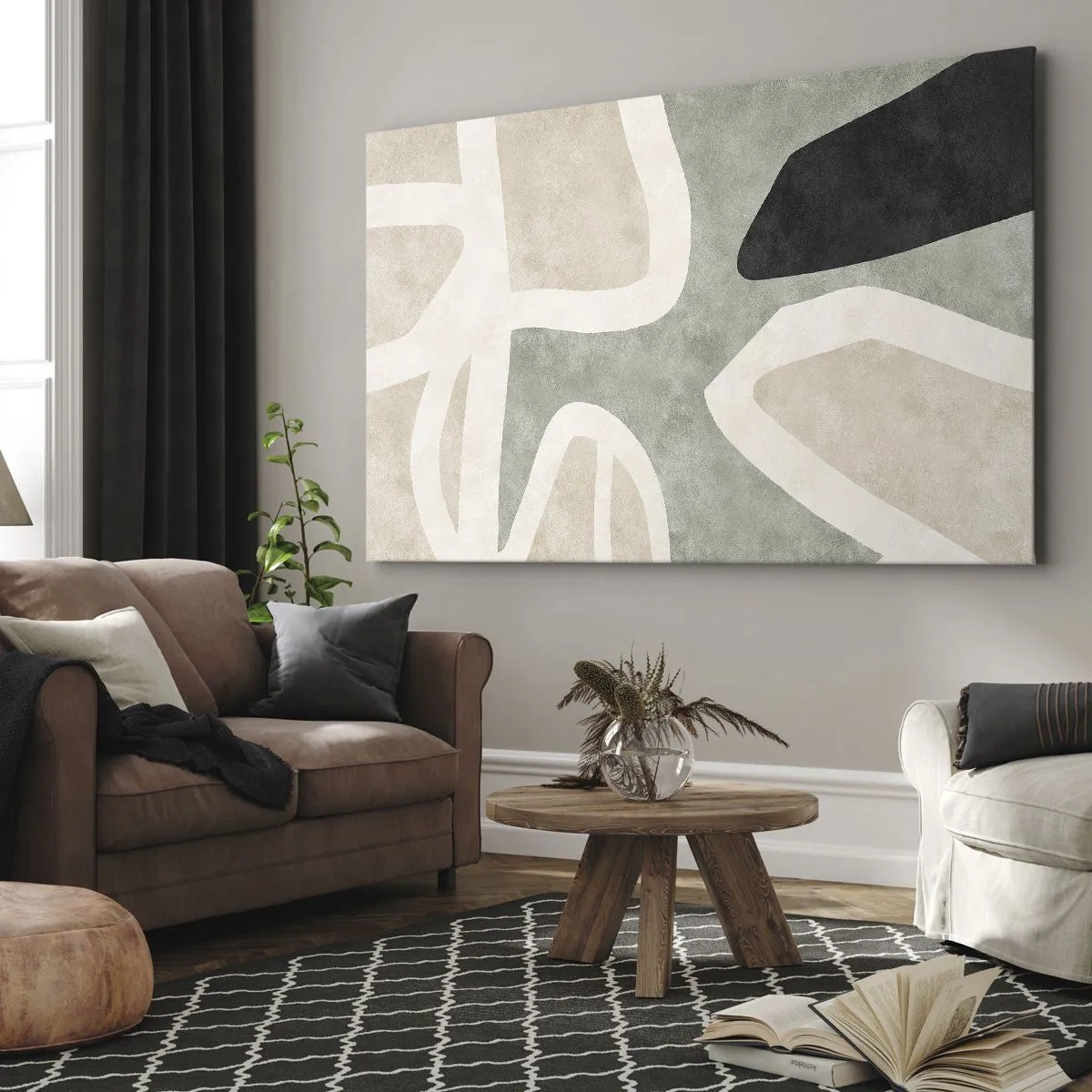 Bild auf Leinwand - Leinwandbild - Abstrakte Formen in gedämpften Farben - 70x50cm - Komposition mit schwarzem Motiv - Moderne Wanddekoration für Wohnzimmer und Schlafzimmer ARTTOR