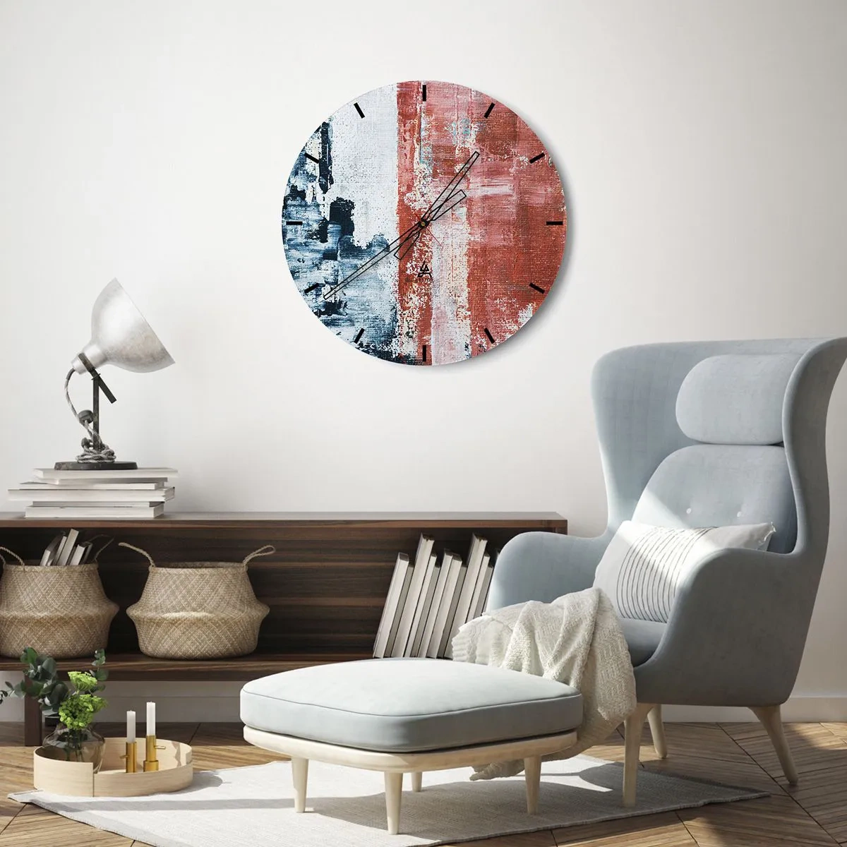 Wanduhr - Glasuhr - Abstrakte Komposition in Blau- und Rottönen - 30x30cm - Fünfzig-Fünfzig abstrakt - Moderne Wanddekoration für Wohnzimmer, Küche und Schlafzimmer ARTTOR