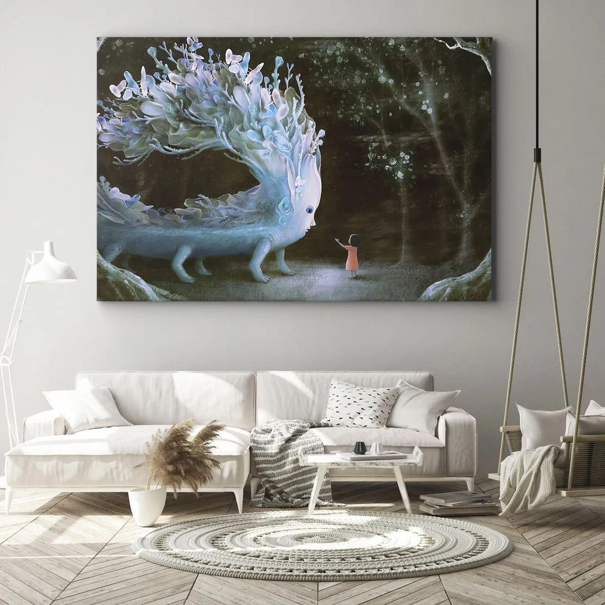 Bild auf Leinwand - Leinwandbild - Die Figur eines Mädchens, das einem fantastischen Wesen gegenübersteht - 70x50cm - Fantastisches Treffen - Moderne Wanddekoration für Wohnzimmer und Schlafzimmer ARTTOR