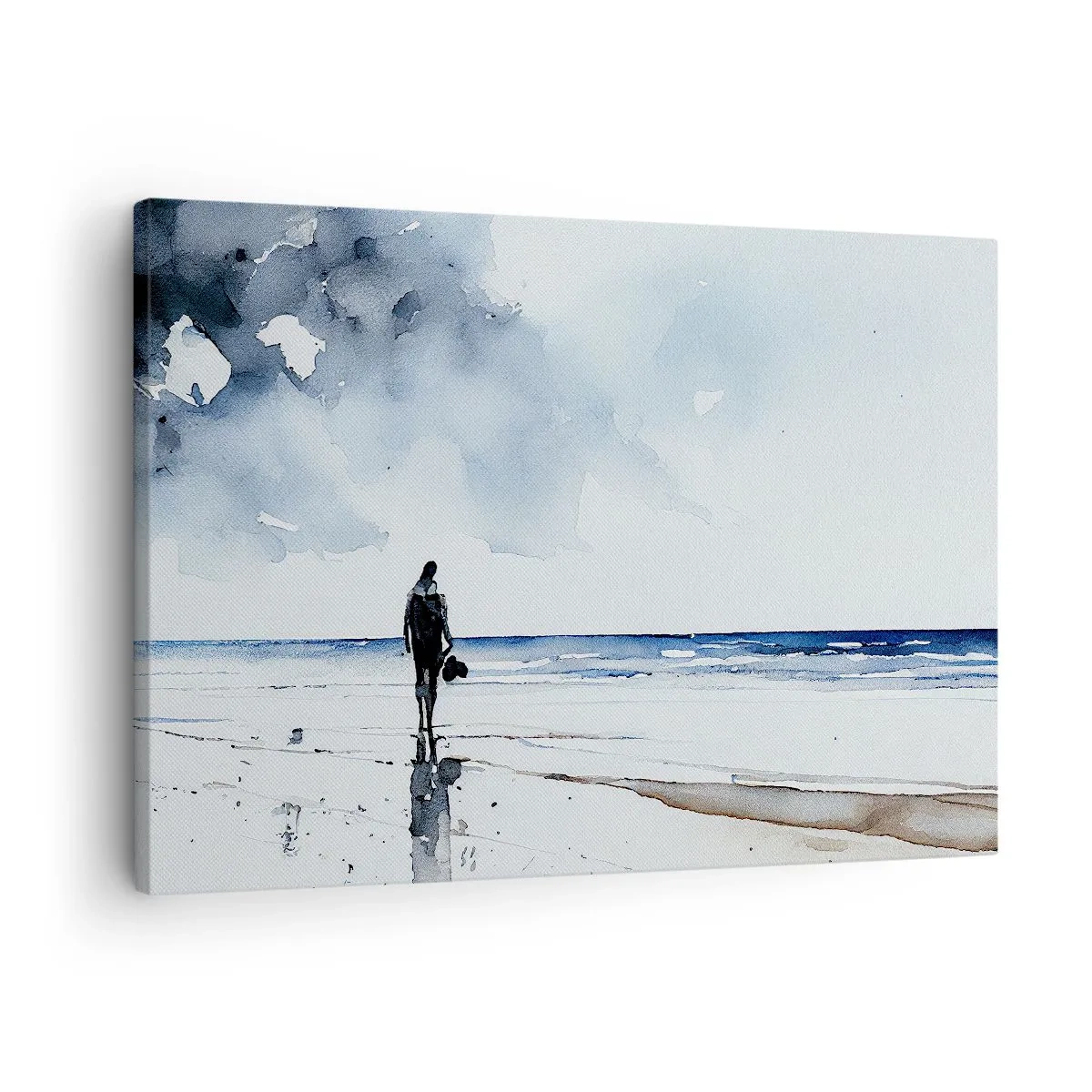 Bild auf Leinwand - Leinwandbild - Eine Figur an einem Strand in einer ruhigen Meeresumgebung - 70x50cm - Gespräch mit dem Meer - Moderne Wanddekoration für Wohnzimmer und Schlafzimmer ARTTOR