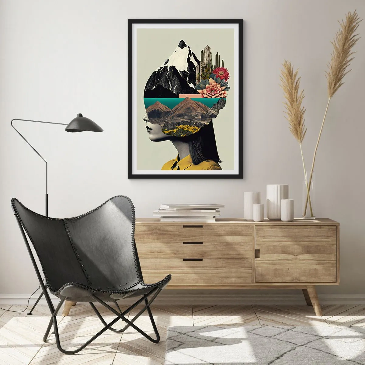 Poster in einem schwarzem Rahmen - Eine Frau mit einer surrealen Landschaft im Kopf - 50x70cm - Frau – bleibt immer ein Geheimnis - Moderne Wanddekoration für Wohnzimmer und Schlafzimmer ARTTOR