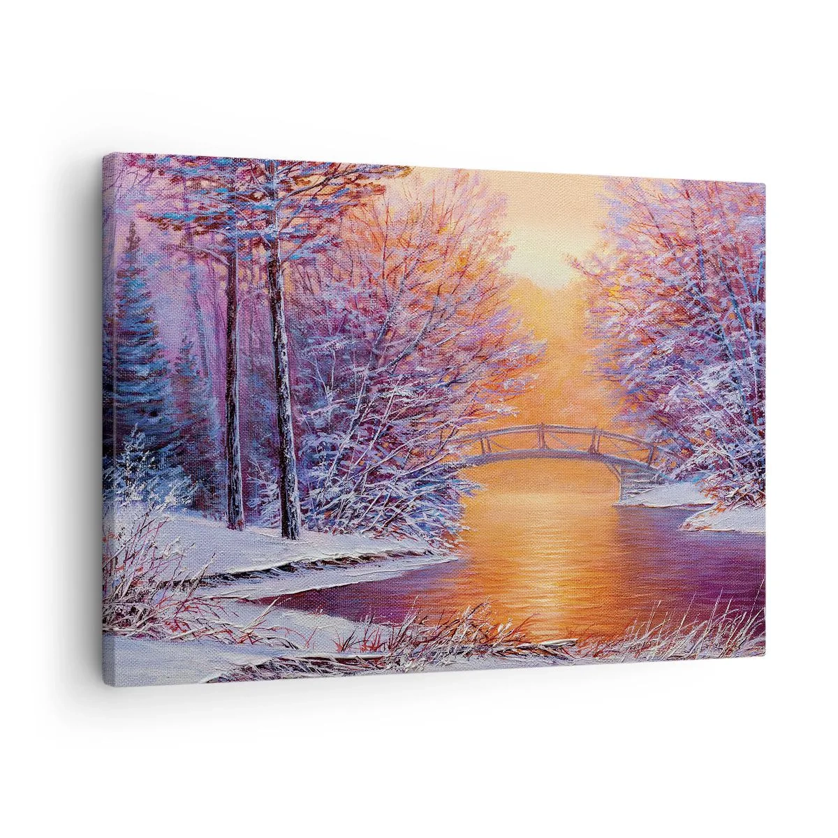 Bild auf Leinwand - Leinwandbild - Winterlandschaft mit Brücke und Sonnenuntergang - 70x50cm - Treffen wir uns hier - Moderne Wanddekoration für Wohnzimmer und Schlafzimmer ARTTOR