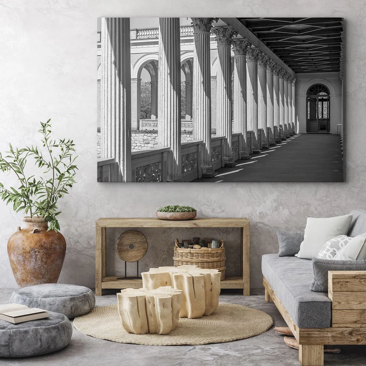 Bild auf Leinwand - Leinwandbild - Kolonnade im klassischen Stil in Schwarz und Weiß - 70x50cm - Sonnige Arkade - Moderne Wanddekoration für Wohnzimmer und Schlafzimmer ARTTOR
