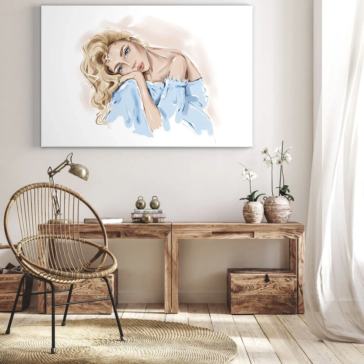 Bild auf Leinwand - Leinwandbild - Porträt einer Frau in einem blauen Kleid mit blonden Haaren - 70x50cm - Verträumt im Blau - Moderne Wanddekoration für Wohnzimmer und Schlafzimmer ARTTOR