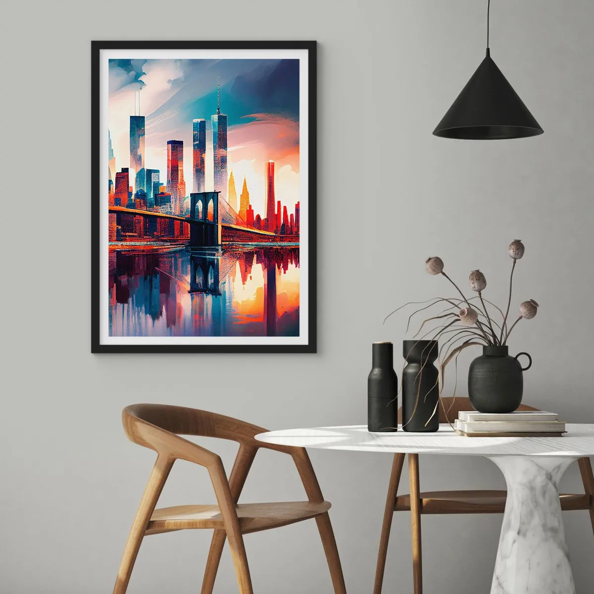 Poster in einem schwarzem Rahmen - Panorama der Stadt mit einer Brücke und Spiegelung im Wasser - 50x70cm - Traumhaftes New York - Moderne Wanddekoration für Wohnzimmer und Schlafzimmer ARTTOR