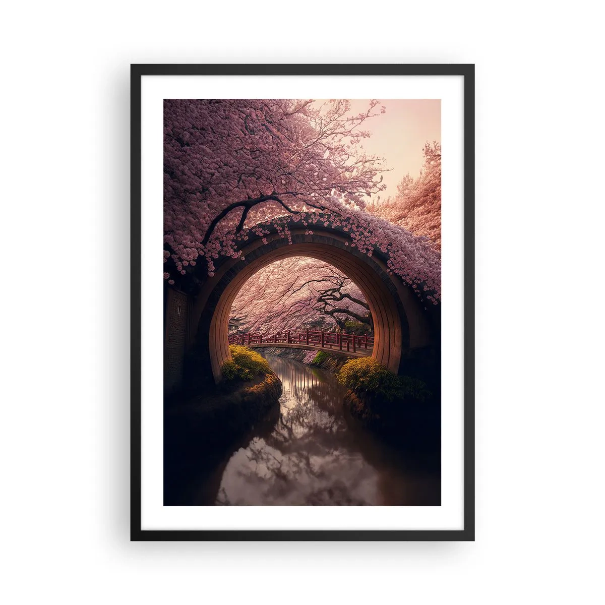 Poster in einem schwarzem Rahmen - Eine romantische Brücke zwischen Kirschblüten - 50x70cm - Japanischer Frühling - Moderne Wanddekoration für Wohnzimmer und Schlafzimmer ARTTOR