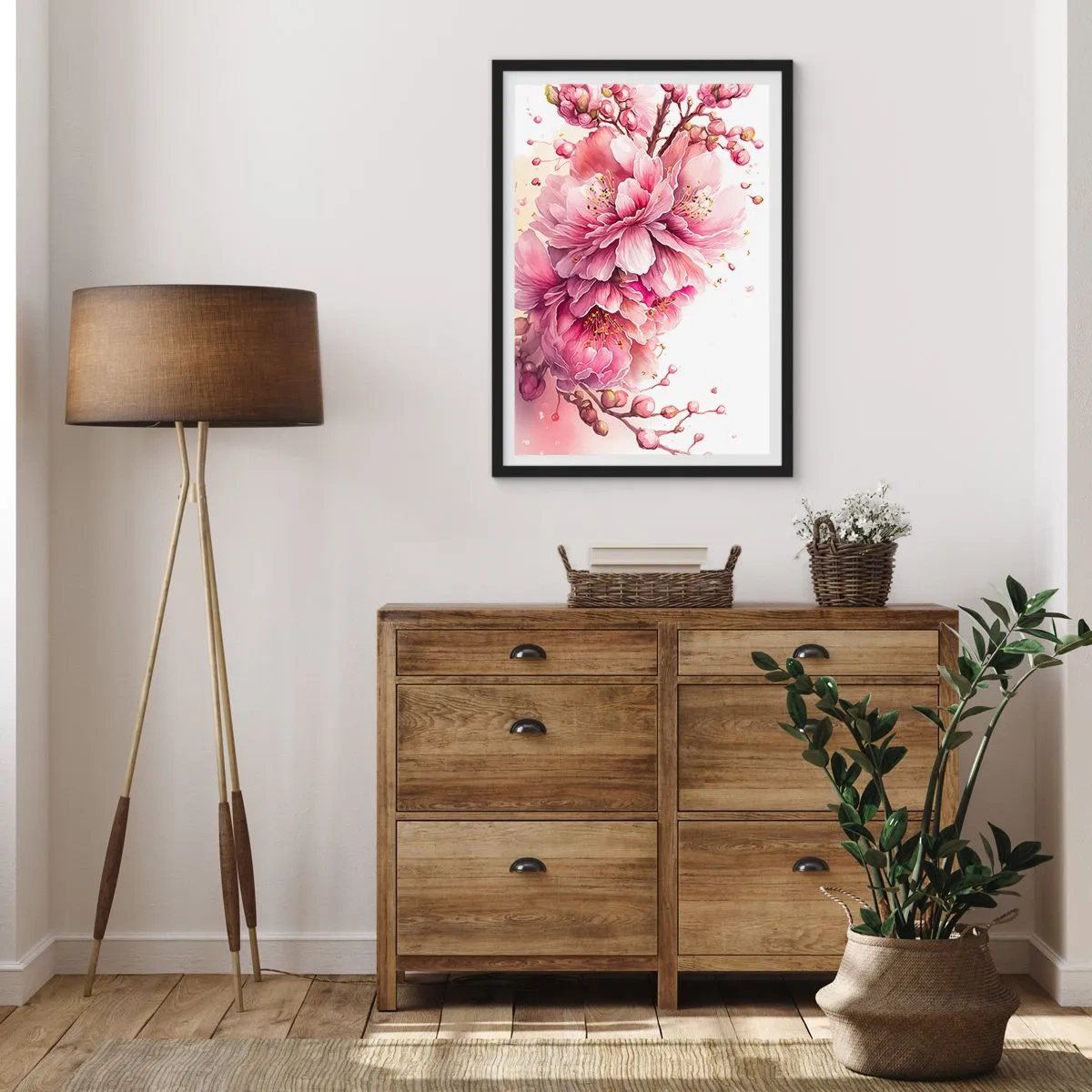 Poster in einem schwarzem Rahmen - Zarte rosa Kirschblüten in voller Blüte vor hellem Hintergrund - 50x70cm - Kirschblütenblüte - Moderne Wanddekoration für Wohnzimmer und Schlafzimmer ARTTOR