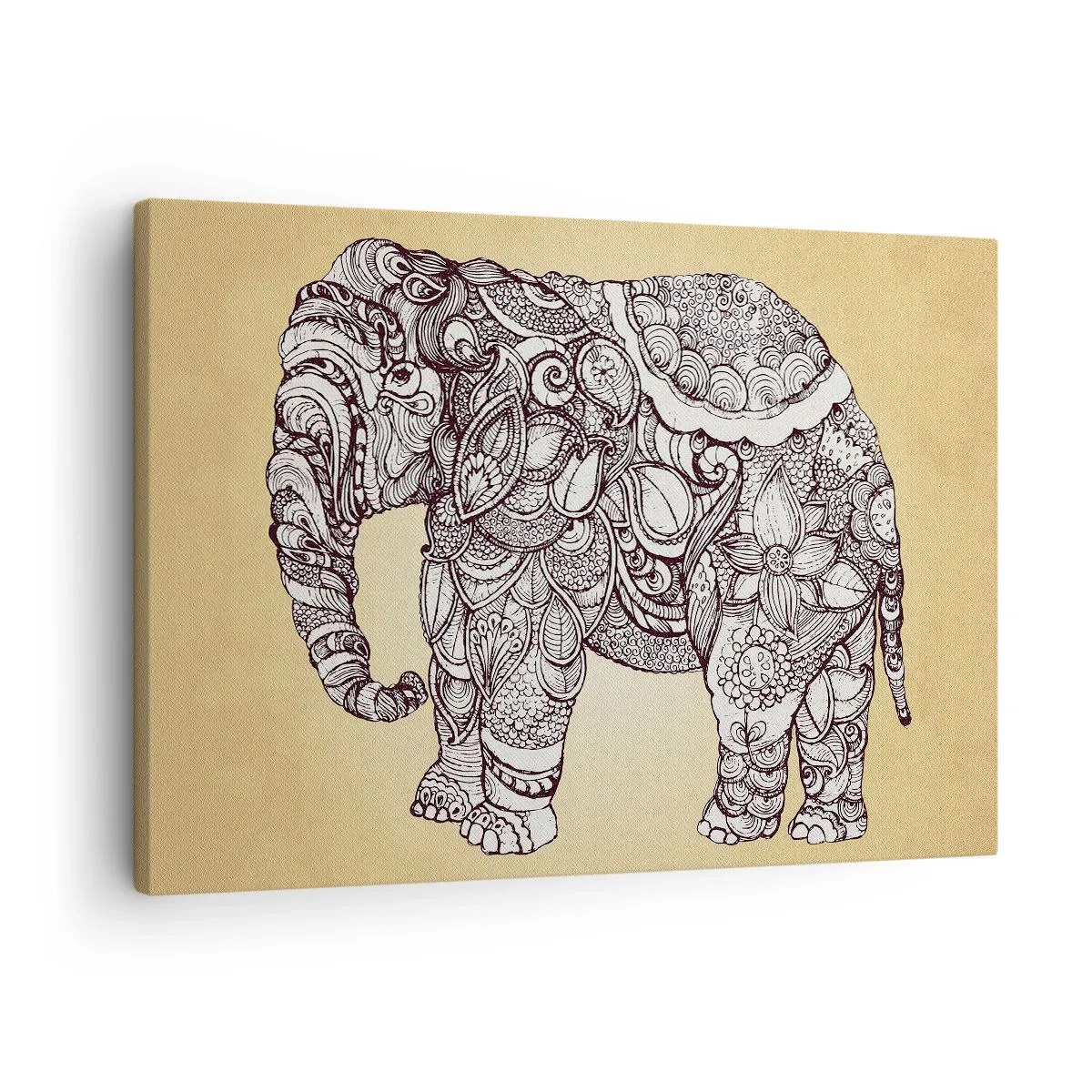 Bild auf Leinwand - Leinwandbild - Handgezeichneter Elefant mit kunstvollem Muster auf beigem Hintergrund - 70x50cm - Elefant verhüllte sich - Moderne Wanddekoration für Wohnzimmer und Schlafzimmer ARTTOR