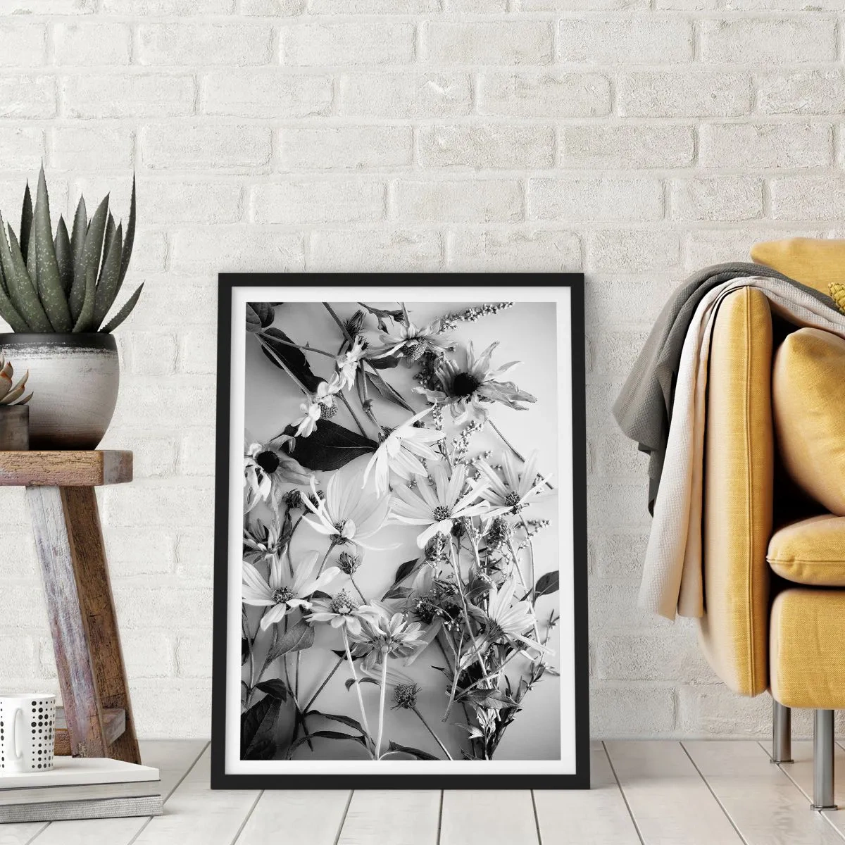 Poster in einem schwarzem Rahmen - Schwarze und weiße Blumen in einem kunstvollen Arrangement arrangiert - 50x70cm - Kein Blumenstrauß - Moderne Wanddekoration für Wohnzimmer und Schlafzimmer ARTTOR