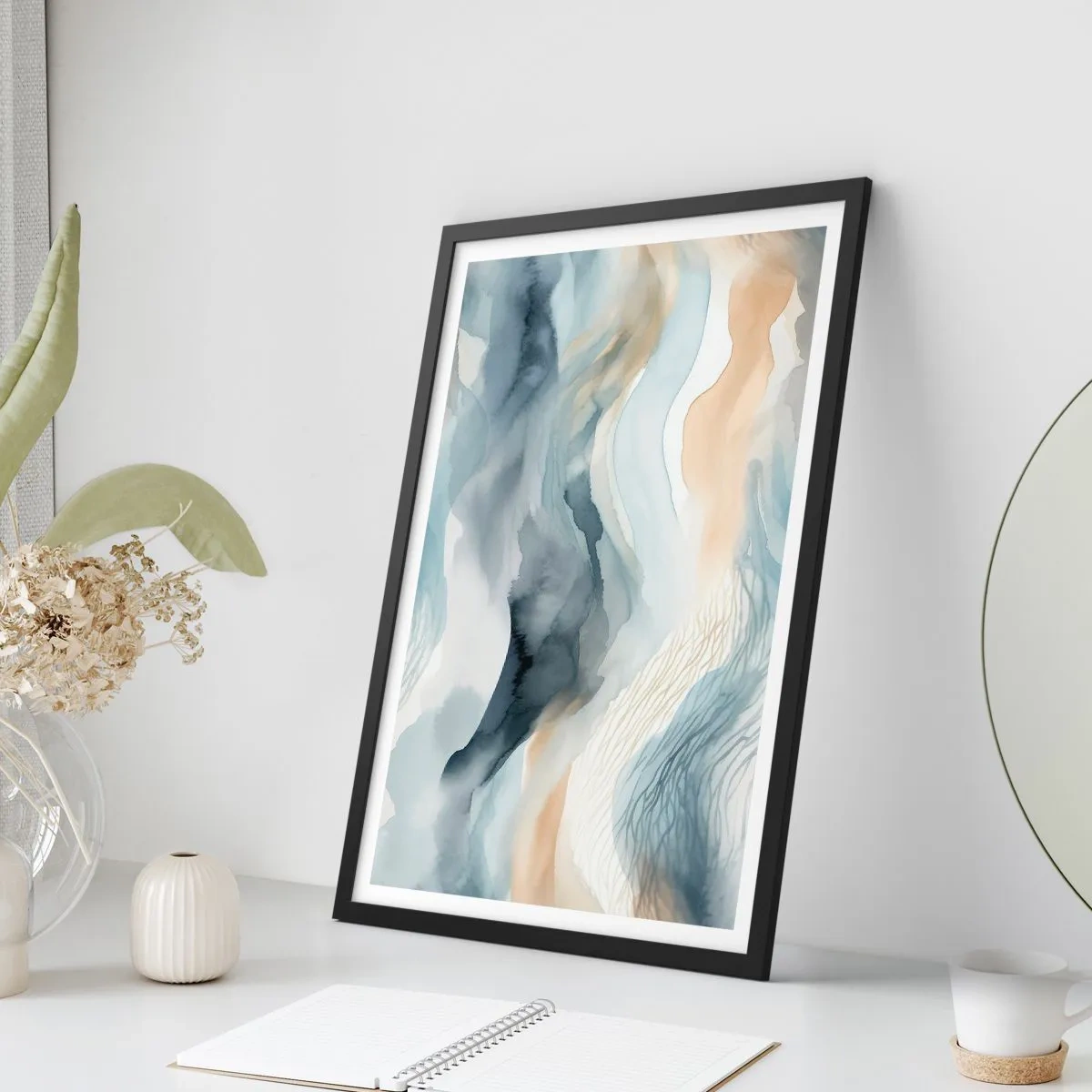 Poster in einem schwarzem Rahmen - Abstrakte Wellen in Beige- und Marineblautönen - 50x70cm - Verschneite und neblige Abstraktion - Moderne Wanddekoration für Wohnzimmer und Schlafzimmer ARTTOR