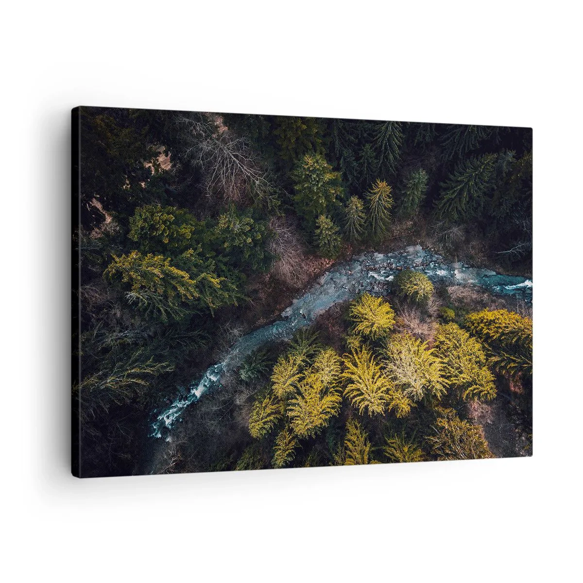 Bild auf Leinwand - Leinwandbild - Ein Blick von oben auf einen Wald mit einem gewundenen Fluss - 70x50cm - Schnell und immer schneller - Moderne Wanddekoration für Wohnzimmer und Schlafzimmer ARTTOR