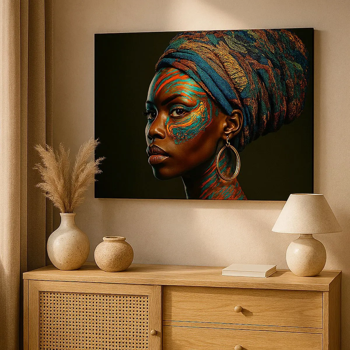Bild auf Leinwand - Leinwandbild - Porträt einer Frau mit buntem Muster und Turban - 70x50cm - Afrikanische Königin - Moderne Wanddekoration für Wohnzimmer und Schlafzimmer ARTTOR