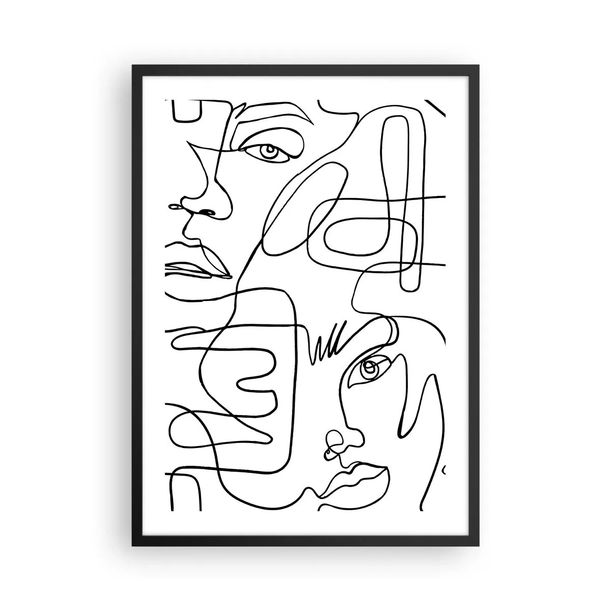 Poster in einem schwarzem Rahmen - Abstrakte Gesichter, gezeichnet mit einer Linie - 50x70cm - In verworrenen Gefühlen - Moderne Wanddekoration für Wohnzimmer und Schlafzimmer ARTTOR