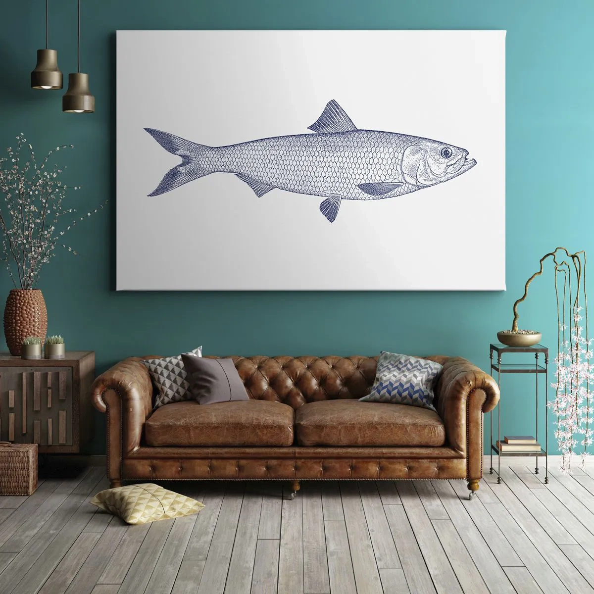 Bild auf Leinwand - Leinwandbild - Illustration eines Fisches in Blautönen auf hellem Hintergrund - 70x50cm - Grüße aus den nördlichen Meeren - Moderne Wanddekoration für Wohnzimmer und Schlafzimmer ARTTOR